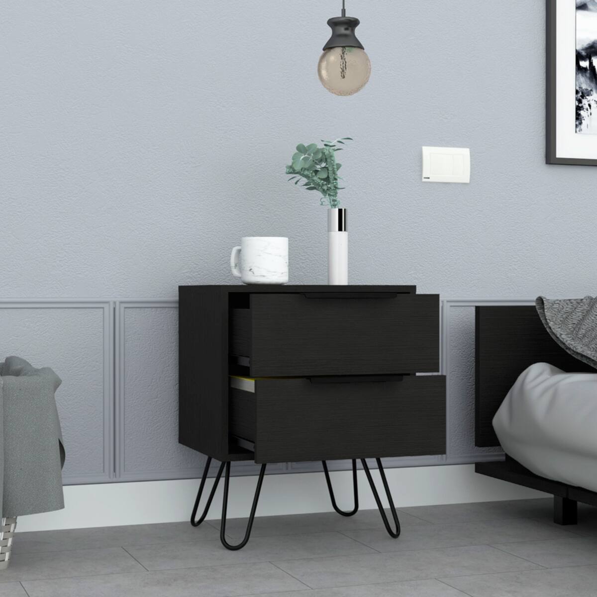 Angle. Loheer - Loheer Black Nightstand with Two Drawers, Modern Bedside Table with Storage - Black.