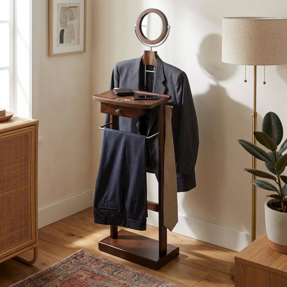 Alt View 3. FurniFact - Dark Espresso Solid Wood Clothes Valet Stand with Mirror - Espresso.
