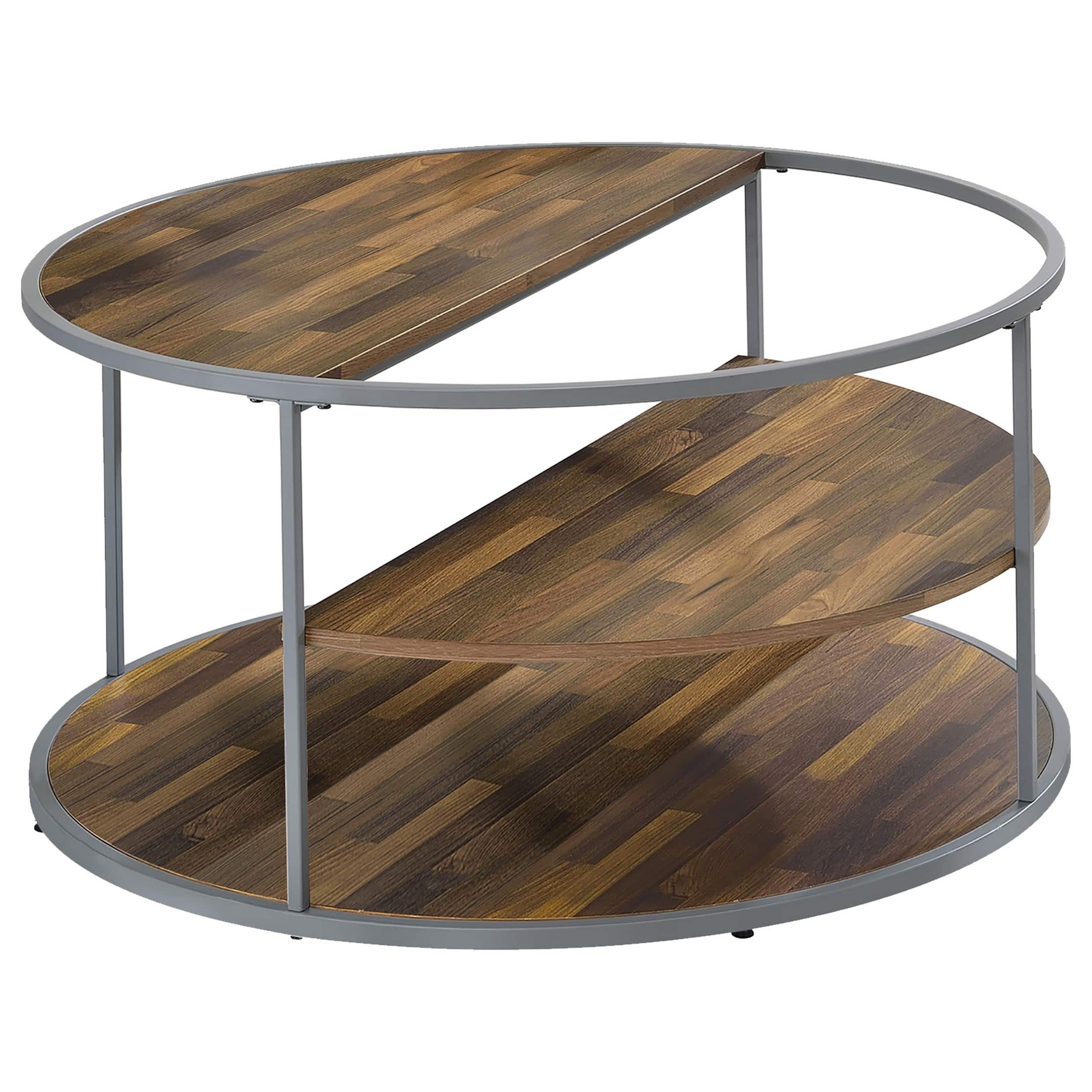 Manhattan Lane - Lenn 35 Inch 3 Tier Round Brown Coffee Table, Half Shelf Design, Gray Frame - Brown, Gray