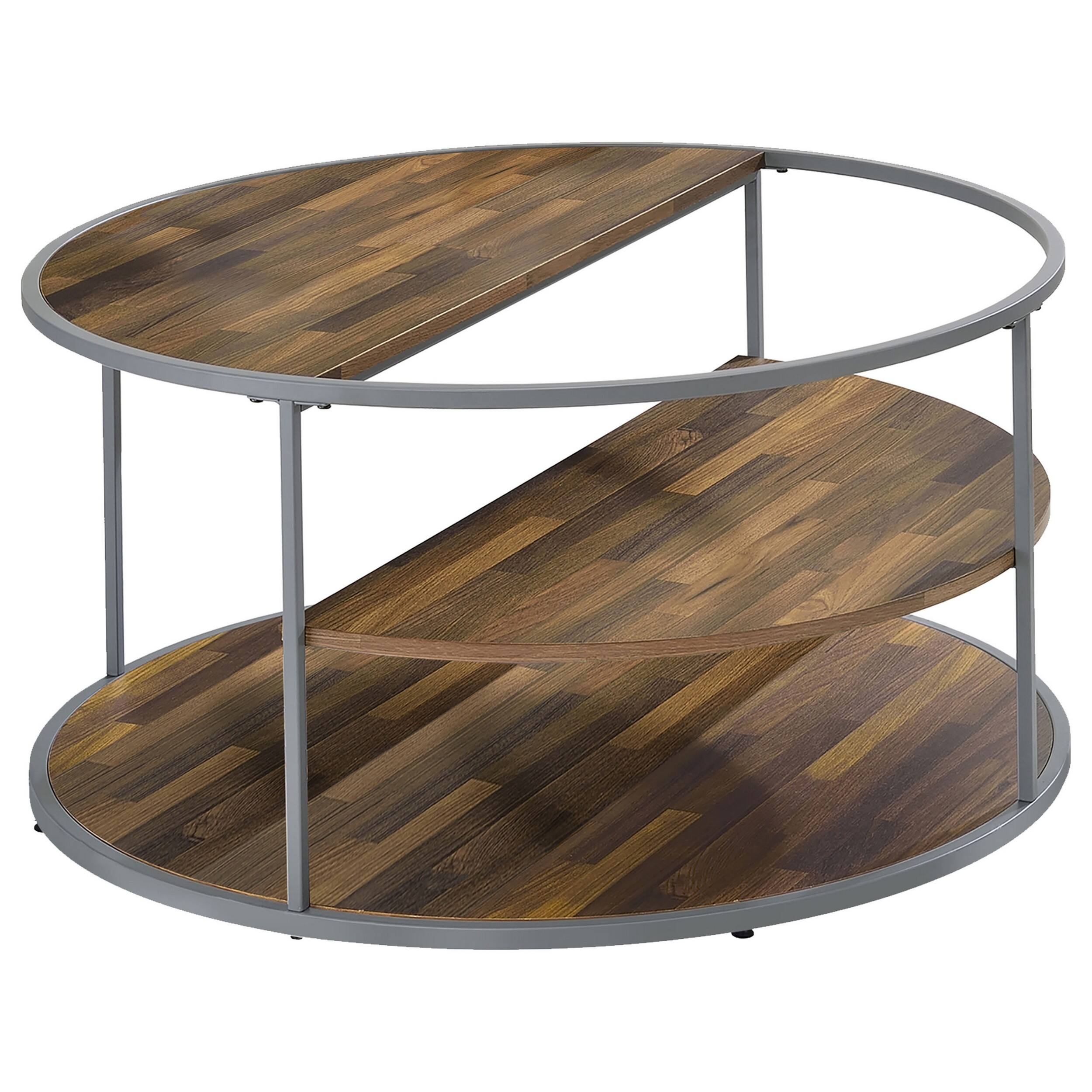 Front. Manhattan Lane - Lenn 35 Inch 3 Tier Round Brown Coffee Table, Half Shelf Design, Gray Frame - Brown, Gray.