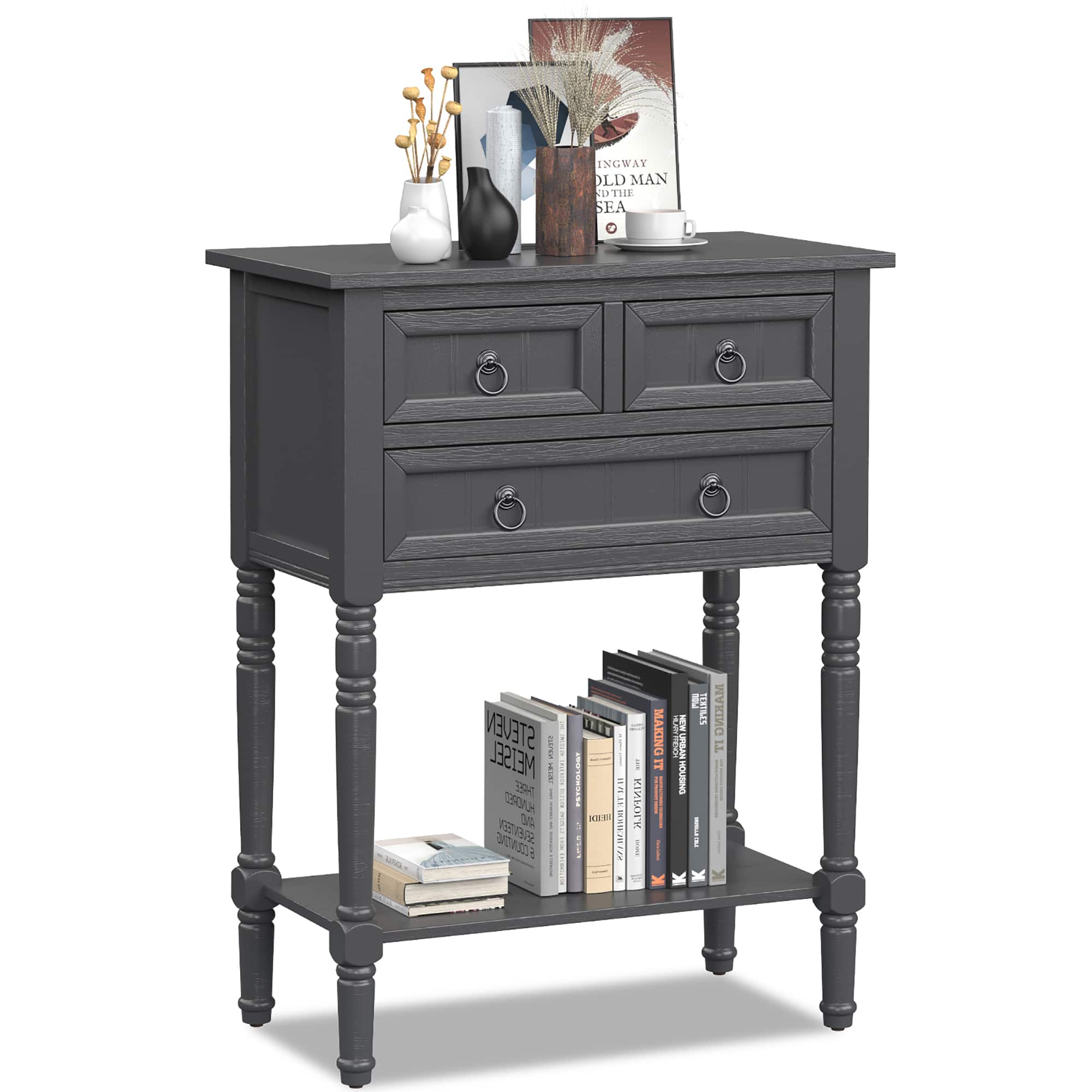 Costway - Console Entryway Table w/ 3 Drawers Open Shelf for Hallway Living room - Dark Gray