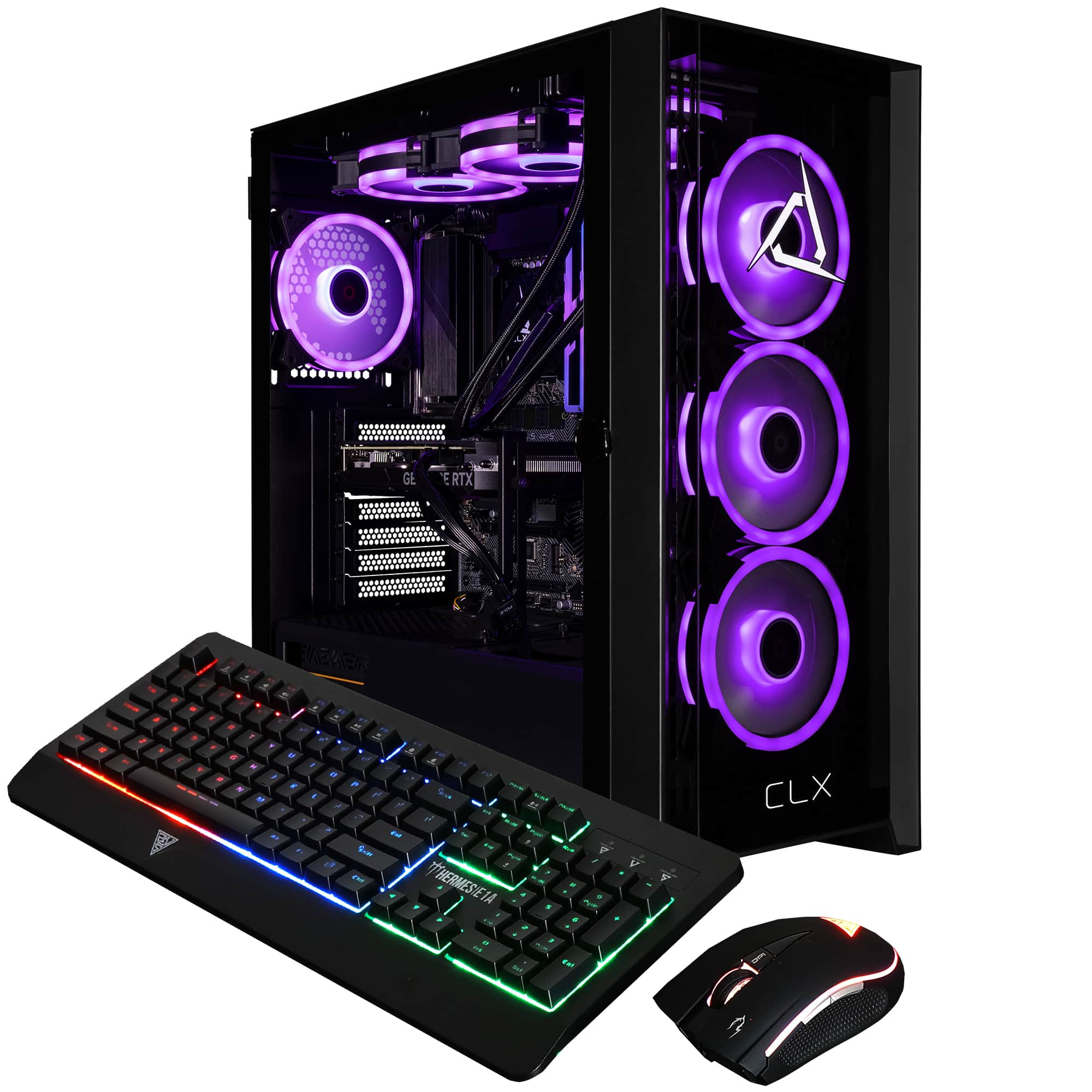 The image features a computer with a purple and black color scheme, including a purple keyboard and mouse. The computer is equipped with a Cooler Master case and a GeForce RTX 3080 graphics card. The keyboard is a black and green model, and the mouse is a black and purple one. The computer setup is complete and ready for use.