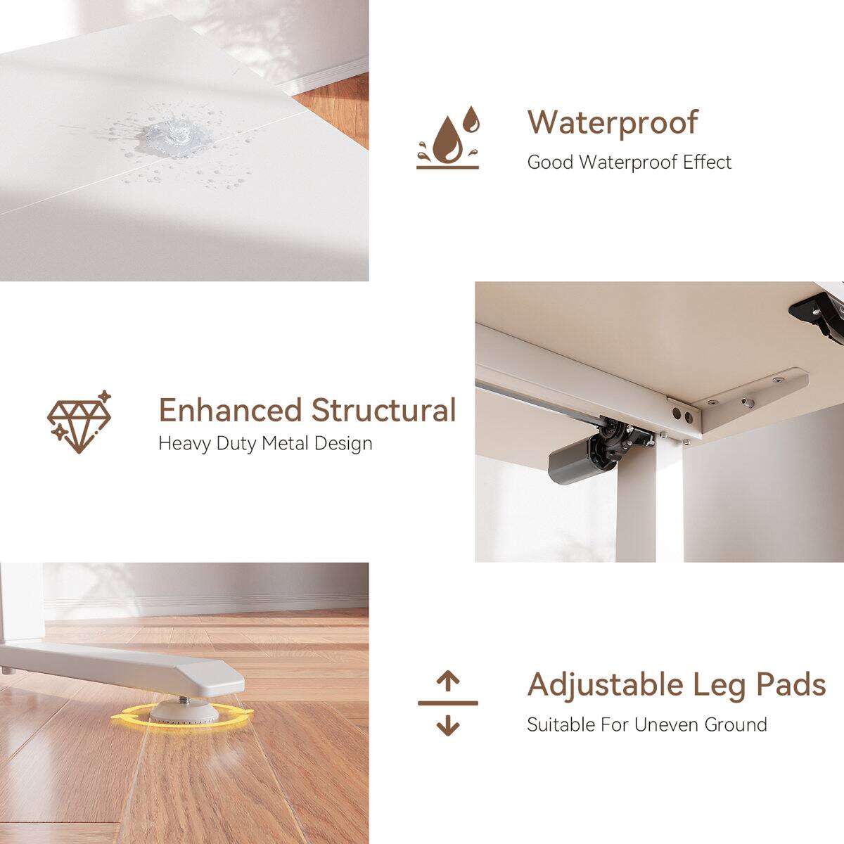 Waterproof  
Good Waterproof Effect  

Enhanced Structural  
Heavy Duty Metal Design  

Adjustable Leg Pads  
Suitable For Uneven Ground