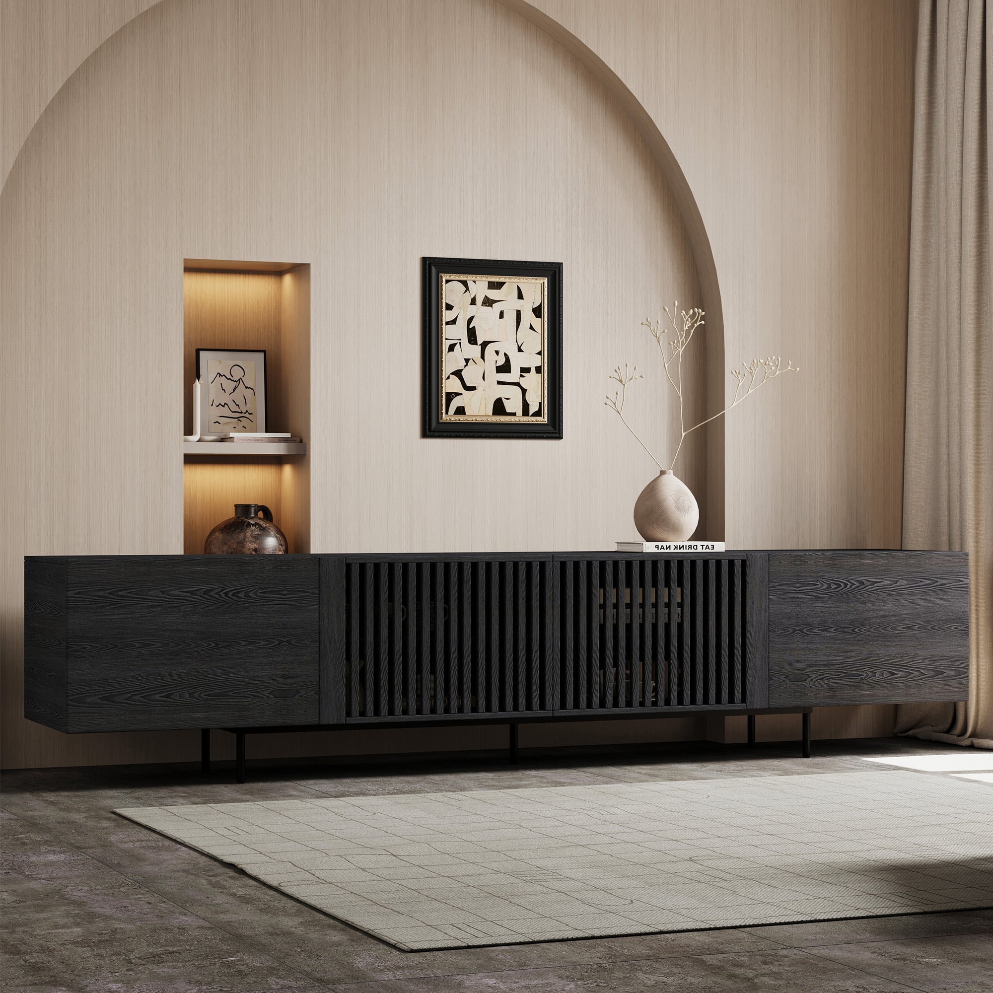 luck idea - 94.48" TV Stand with Adjustable Shelves, Soft-Close Hinges & Cable Holes, Metal Legs - Black