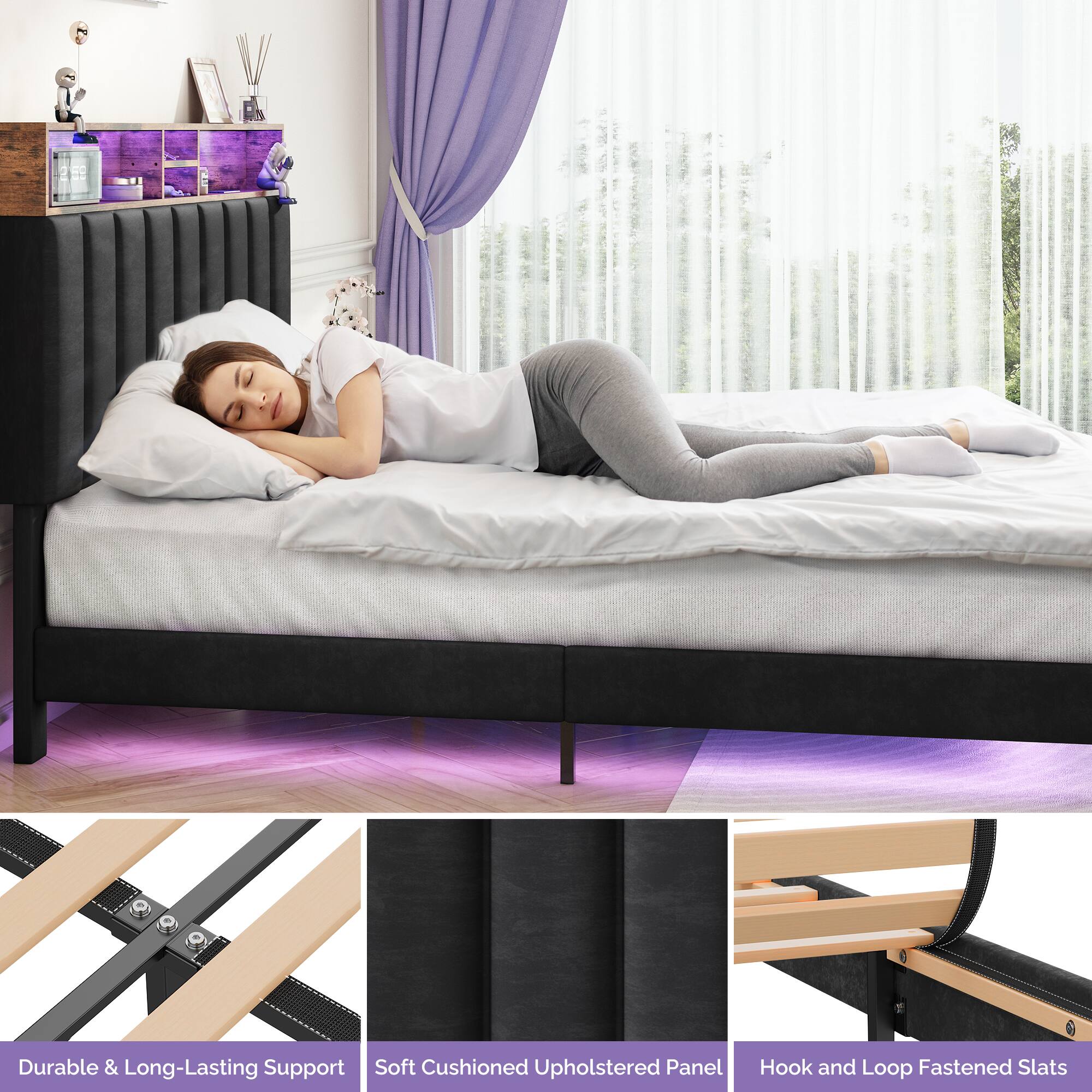 - Durable & Long-Lasting Support
- Soft Cushioned Upholstered Panel
- Hook and Loop Fastened Slats