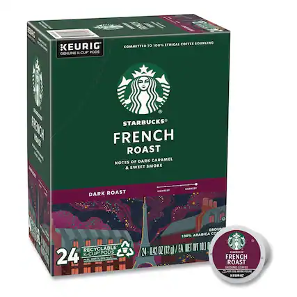 KEURIG GENUINE K-CUP PODS
COMMITTED TO 100% ETHICAL COFFEE SOURCING
STARBUCKS FRENCH ROAST
NOTES OF DARK CARAMEL & SWEET SMOKE
DARK ROAST
LIGHTEST DARKEST
24 RECYCLABLE K-CUP PODS
PEEL, EMPTY, RECYCLE ALL COMPONENTS
100% ARABICA
NET WT 10.1 OZ (286g)
0.42 OZ (12g) PER POD
STARBUCKS FRENCH ROAST GROUND COFFEE
NOT FOR USE IN K-CUP® PODS
KEURIG