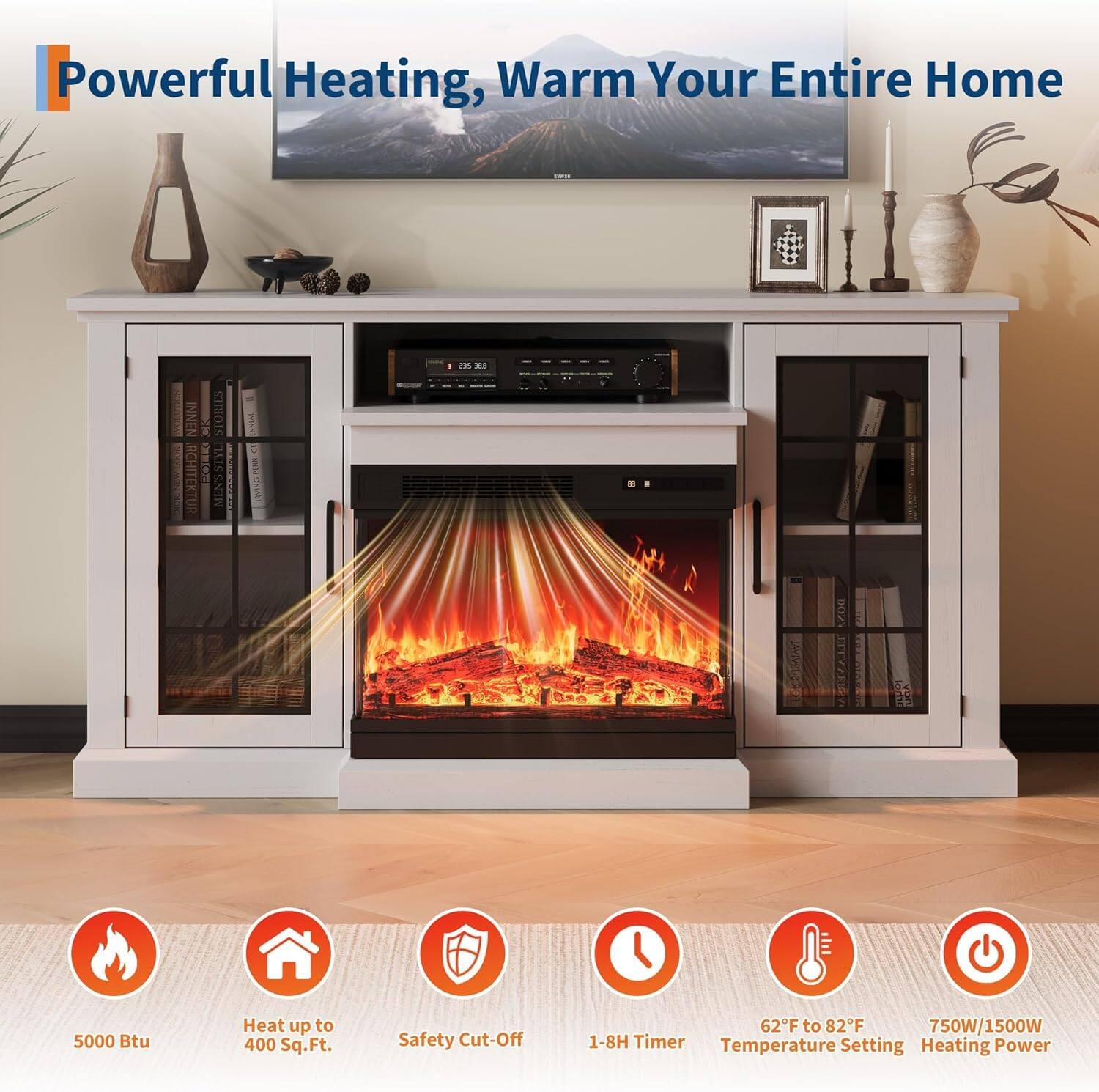 Powerful Heating, Warm Your Entire Home

- 5000 Btu
- Heat up to 400 Sq.Ft.
- Safety Cut-Off
- 1-8H Timer
- 62°F to 82°F Temperature Setting
- 750W/1500W Heating Power