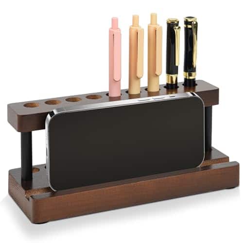Vulpecula Spade - Wooden Pen Holder for Desk, Pencil Holder Wood Fountain Pens Display Stand with 9 Slots and Cell Phone Holder, Pen