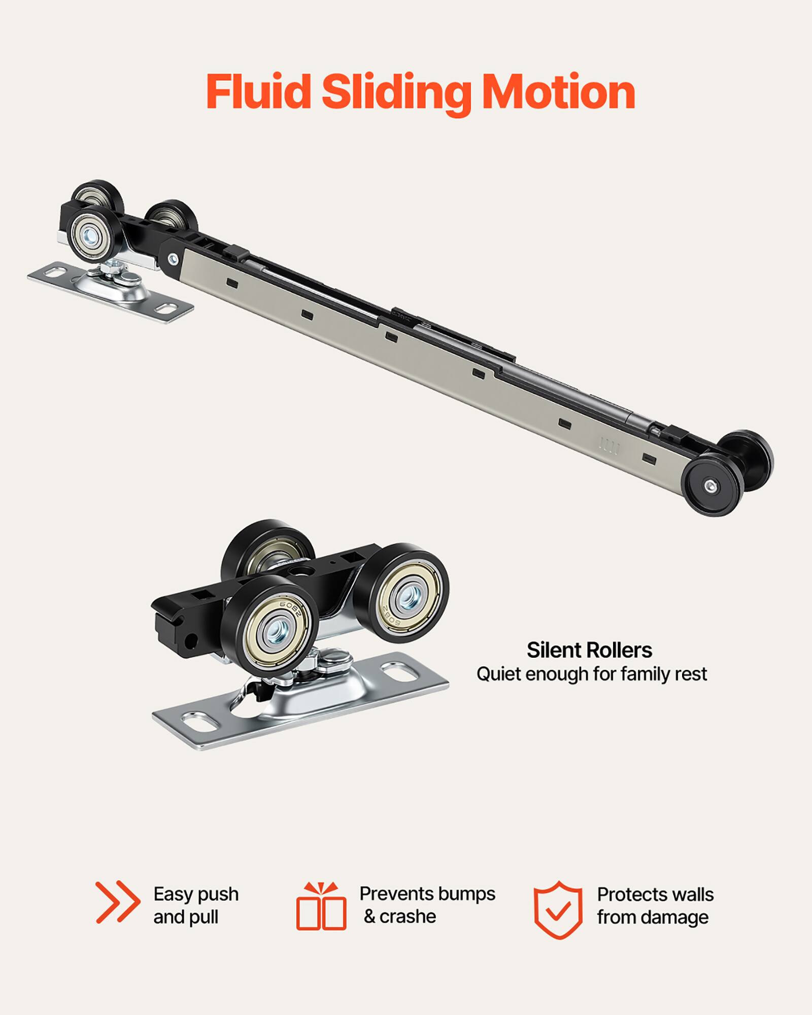 Fluid Sliding Motion

1100 SORE Silent Rollers
Quiet enough for family rest

Easy push and pull
Prevents bumps & crashes
Protects walls from damage
