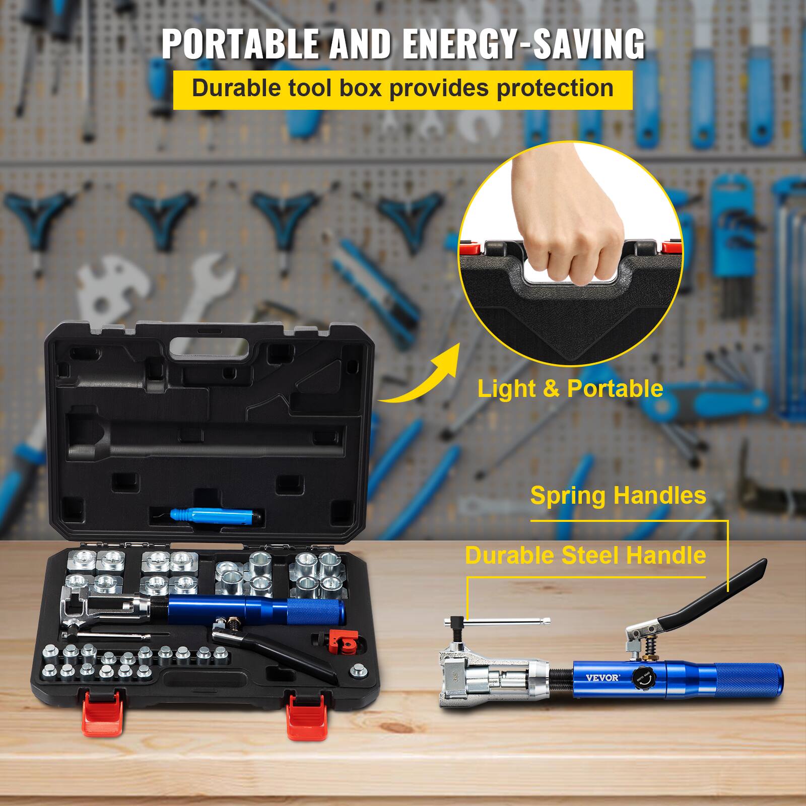 PORTABLE AND ENERGY-SAVING  
Durable tool box provides protection  
Light & Portable  
Spring Handles  
Durable Steel Handle  

VEVOR