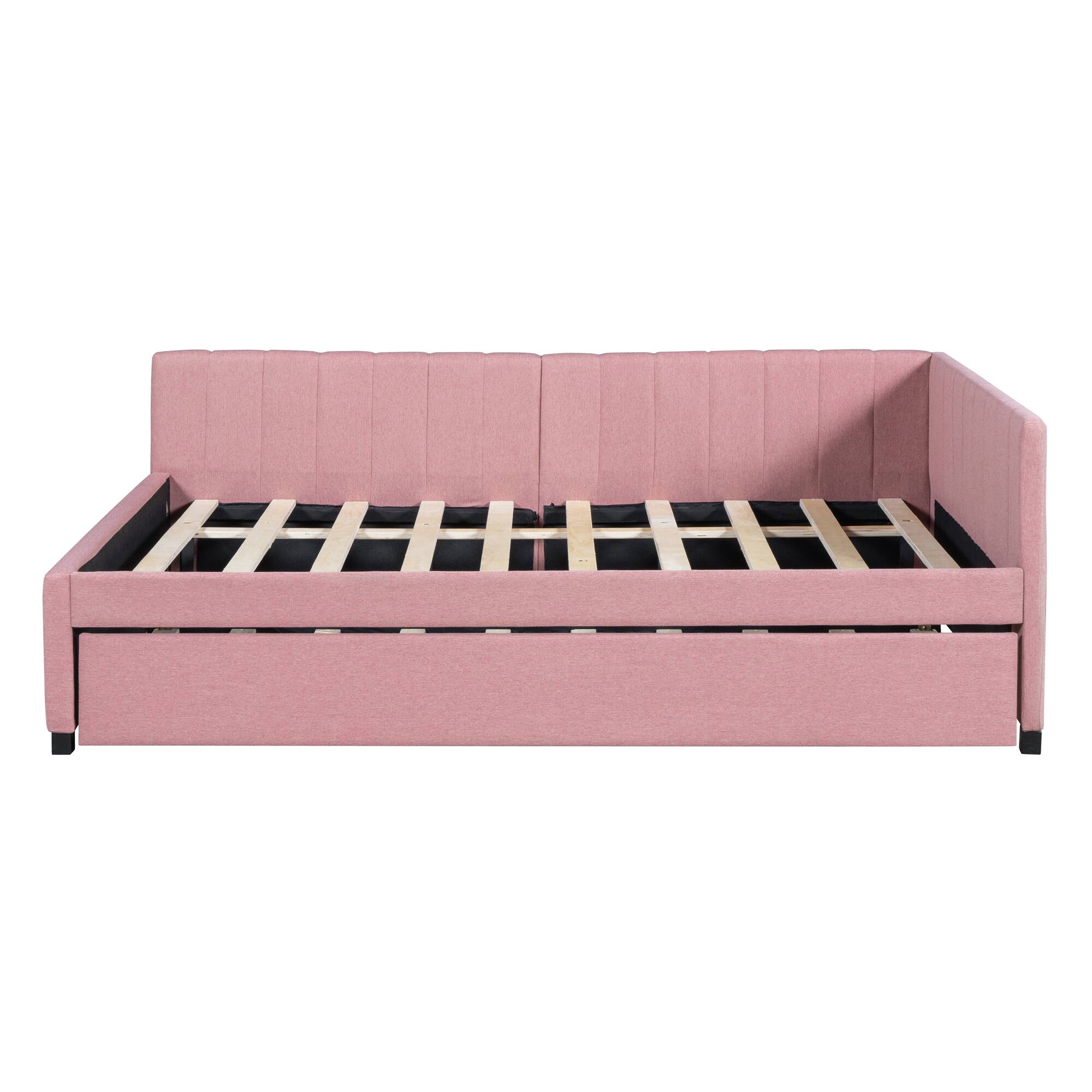 Left. Tiramisubest - Full Size Upholstered Daybed with Trundle Sofa Bed Frame No Box Spring Needed, Linen Fabric(Pink) - Pink.