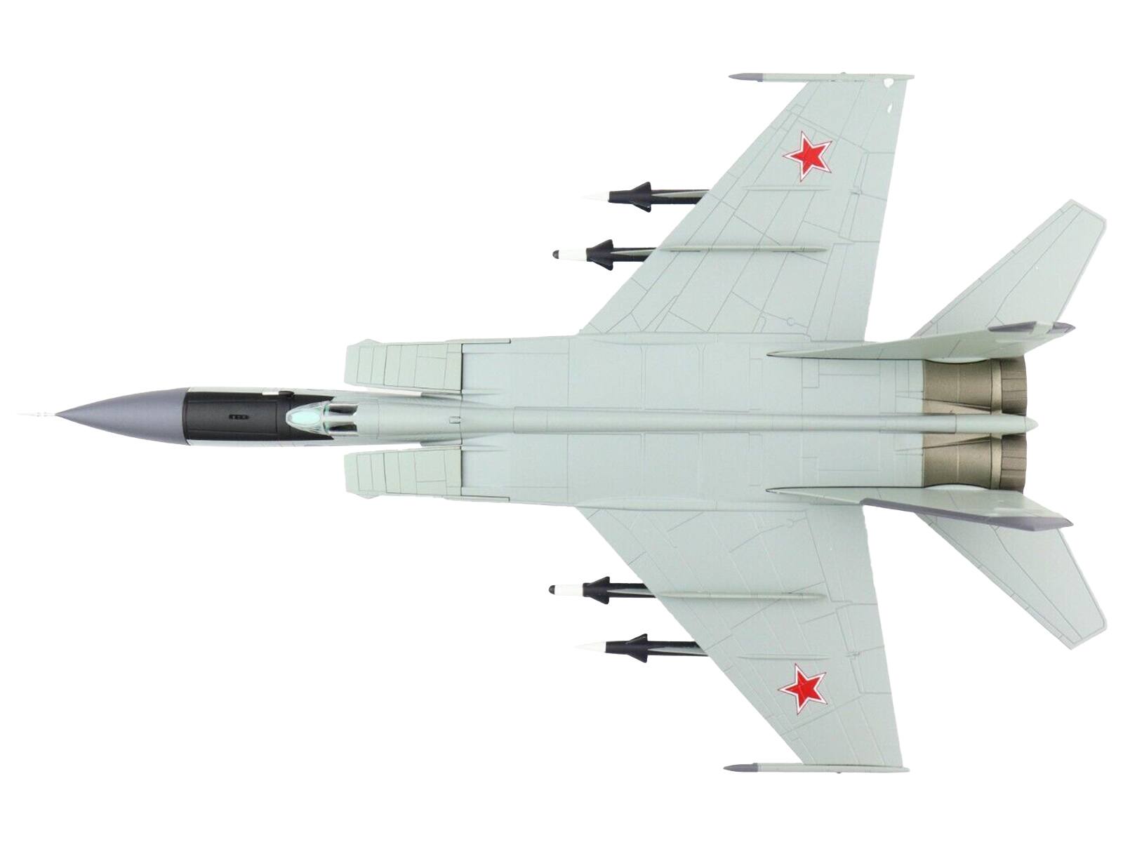 Back. Hobby Master - Mikoyan-Gurevich MiG-25PDS "146th Guards Fighter Aviation Reg 50th Anniversary of October" 1990 Soviet Air Force 1/72 - Light Green.