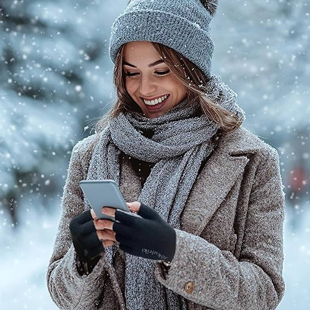 Left. THIRSTY TURTLE - Fingerless Merino Wool Gloves for Men and Women, Warm and Comfortable for Cold Weather and Winter Use - Black.