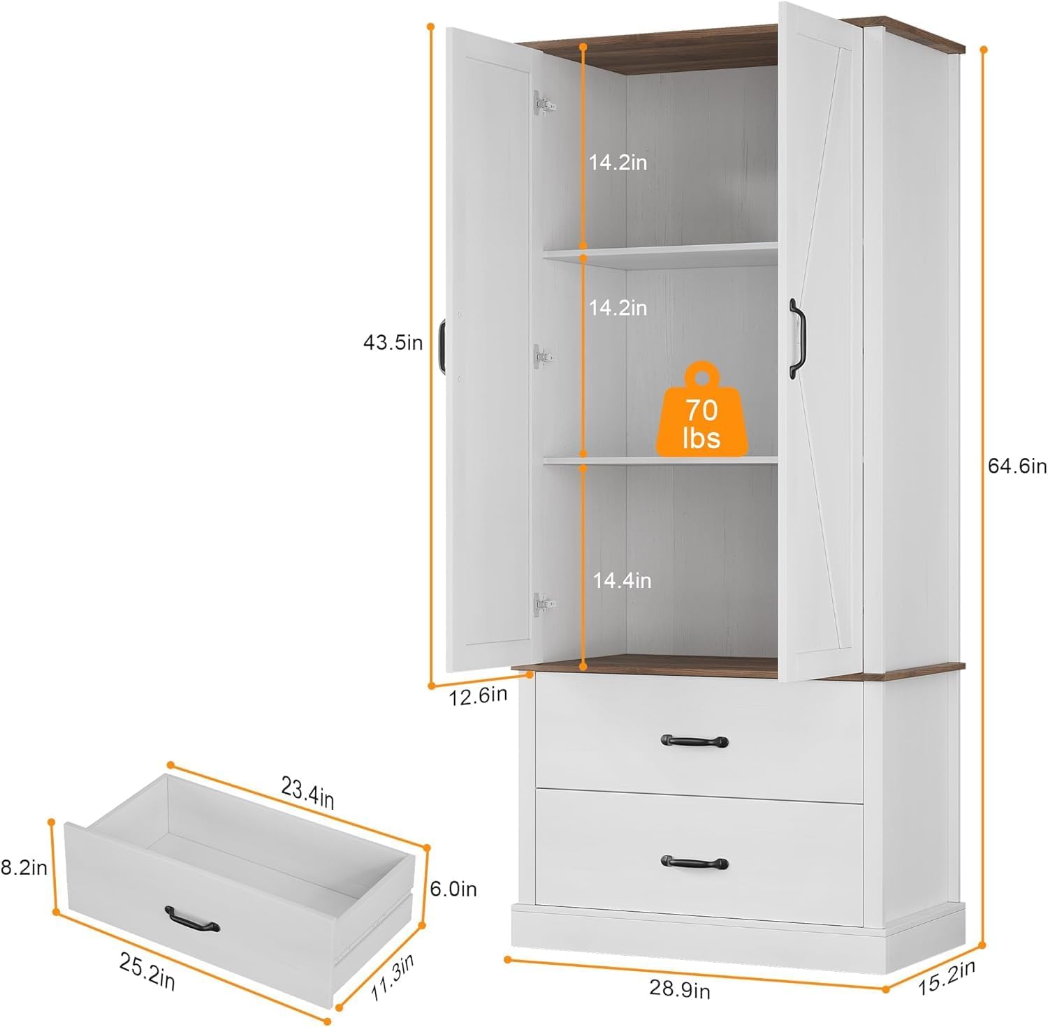 14.2in  
43.5in  
14.2in  
70 lbs  
64.6in  
14.4in  
12.6in  
23.4in  
8.2in  
6.0in  
25.2in  
11.3in  
28.9in  
15.2in