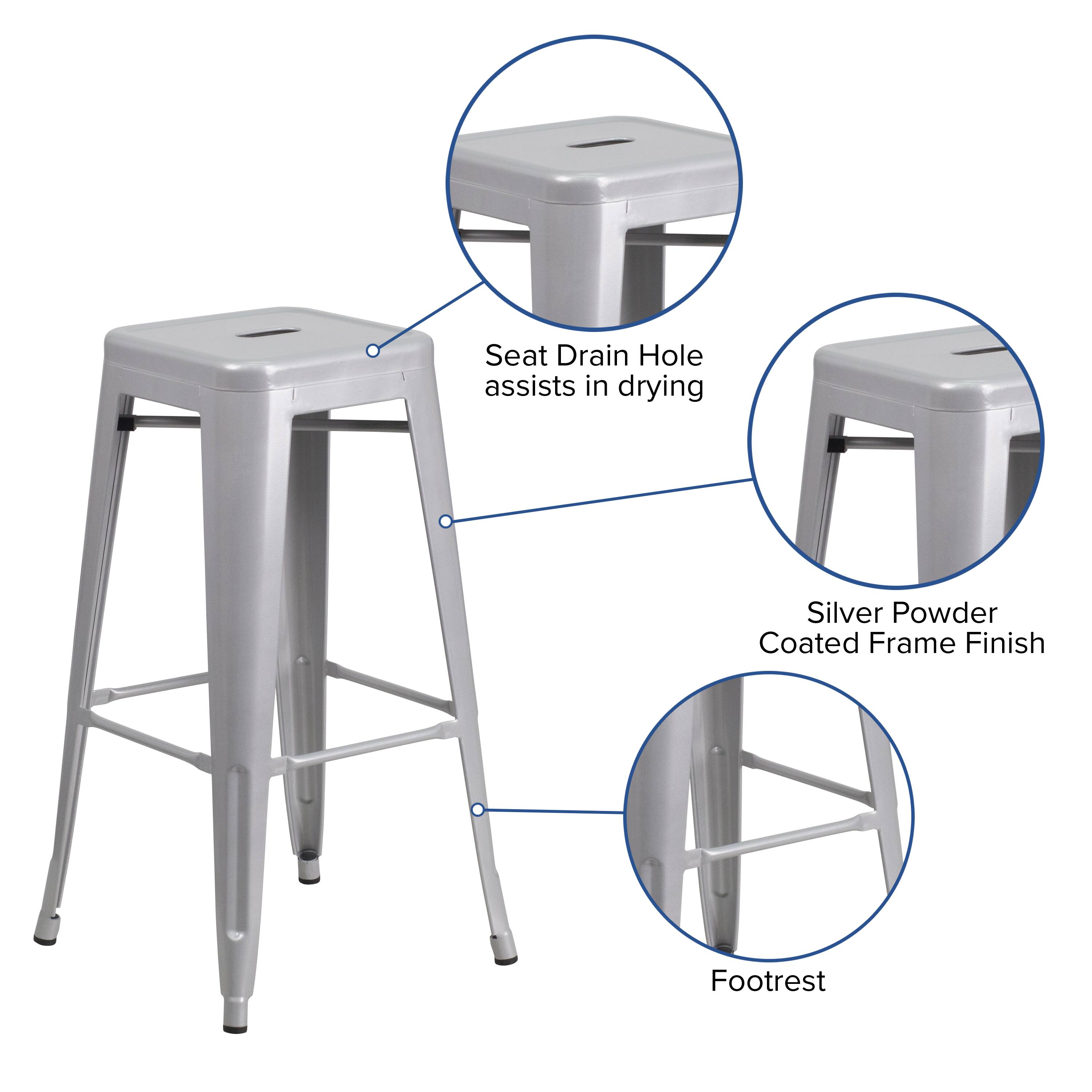 Seat Drain Hole assists in drying  
Silver Powder Coated Frame Finish  
Footrest