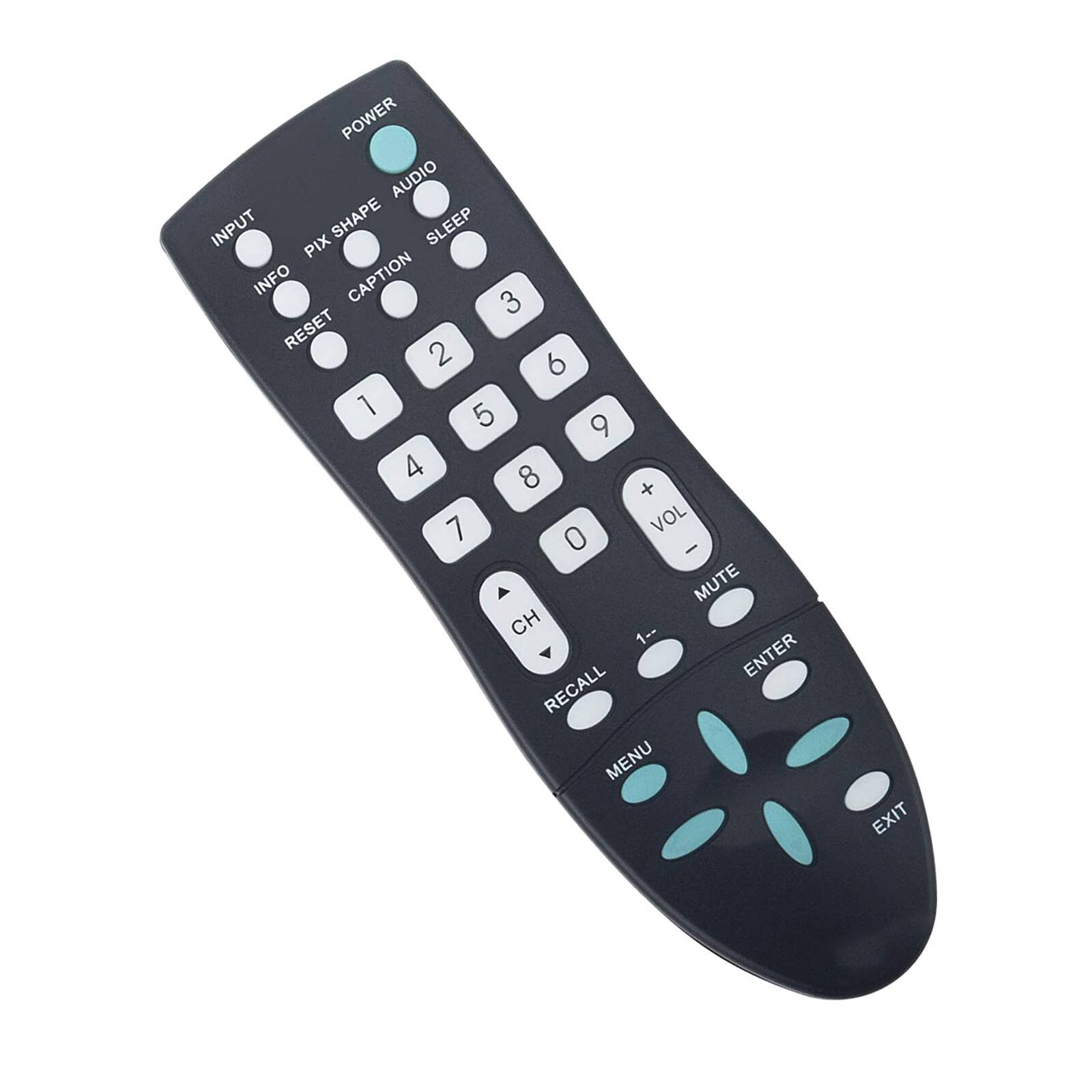 POWER AUDIO INPUT SHAPE SLEEP PIX INFO CAPTION 3 RESET 2 6 1 5 9 4 8 + 7 VOL 0 - MUTE CH 1-- ENTER RECALL MENU EXIT