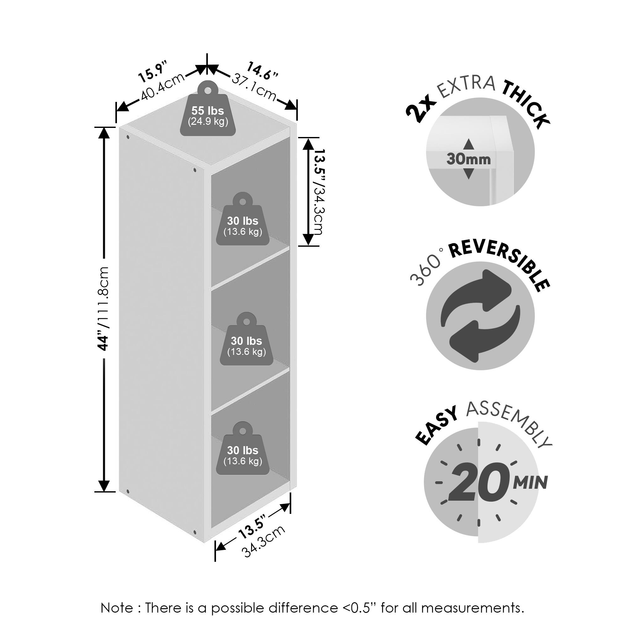 - 44"/111.8cm
- 15.9" / 40.4cm
- 14.6" / 37.1cm
- 13.5" / 34.3cm
- 55 lbs (24.9 kg)
- 30 lbs (13.6 kg) (x3)
- 2x EXTRA THICK 30mm
- 360° REVERSIBLE
- EASY ASSEMBLY 20 MIN
- Note: There is a possible difference <0.5" for all measurements.
