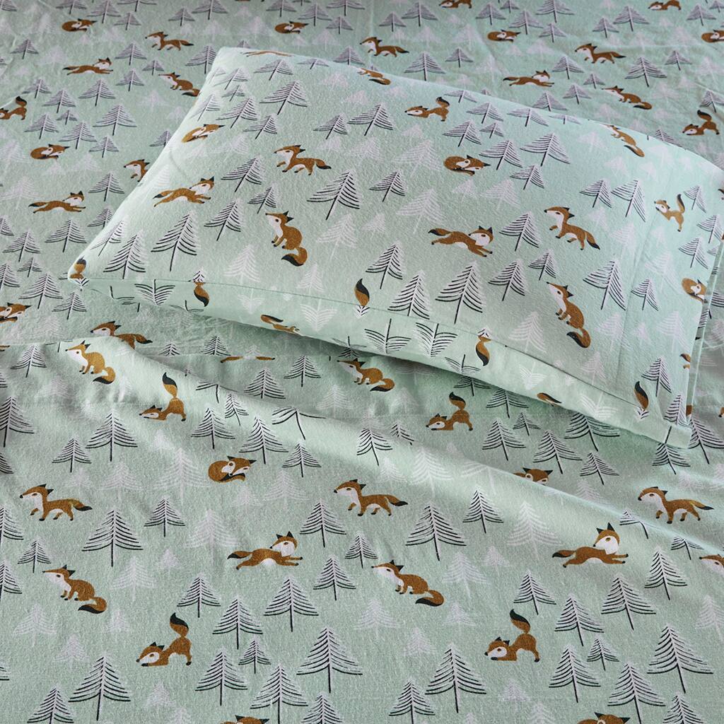 Alt View 1. Gracie Mills - Gracie Mills Toasty Cotton Flannel Printed Sheet Set - Seafoam Foxes.