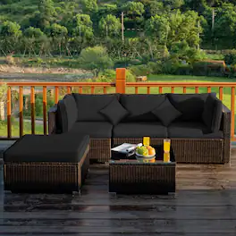Gymax - 5PCS Rattan Patio Conversation Set Outdoor Furniture Set w/ Ottoman Cushion - Black