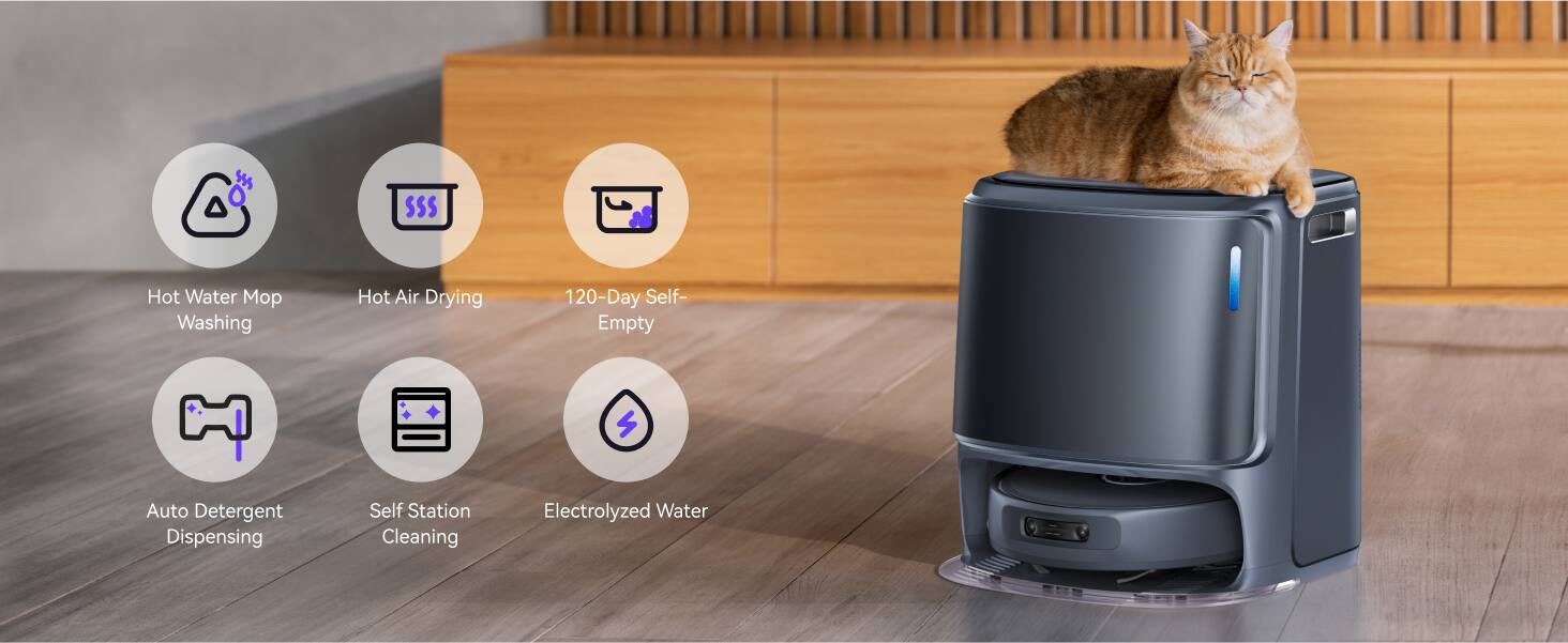 The text on the image is grouped and corrected as follows:

Hot Water Washing Hot Air Drying 120-Day Self-Empty Auto Detergent Dispensing Self Station Cleaning Electrolyzed Water