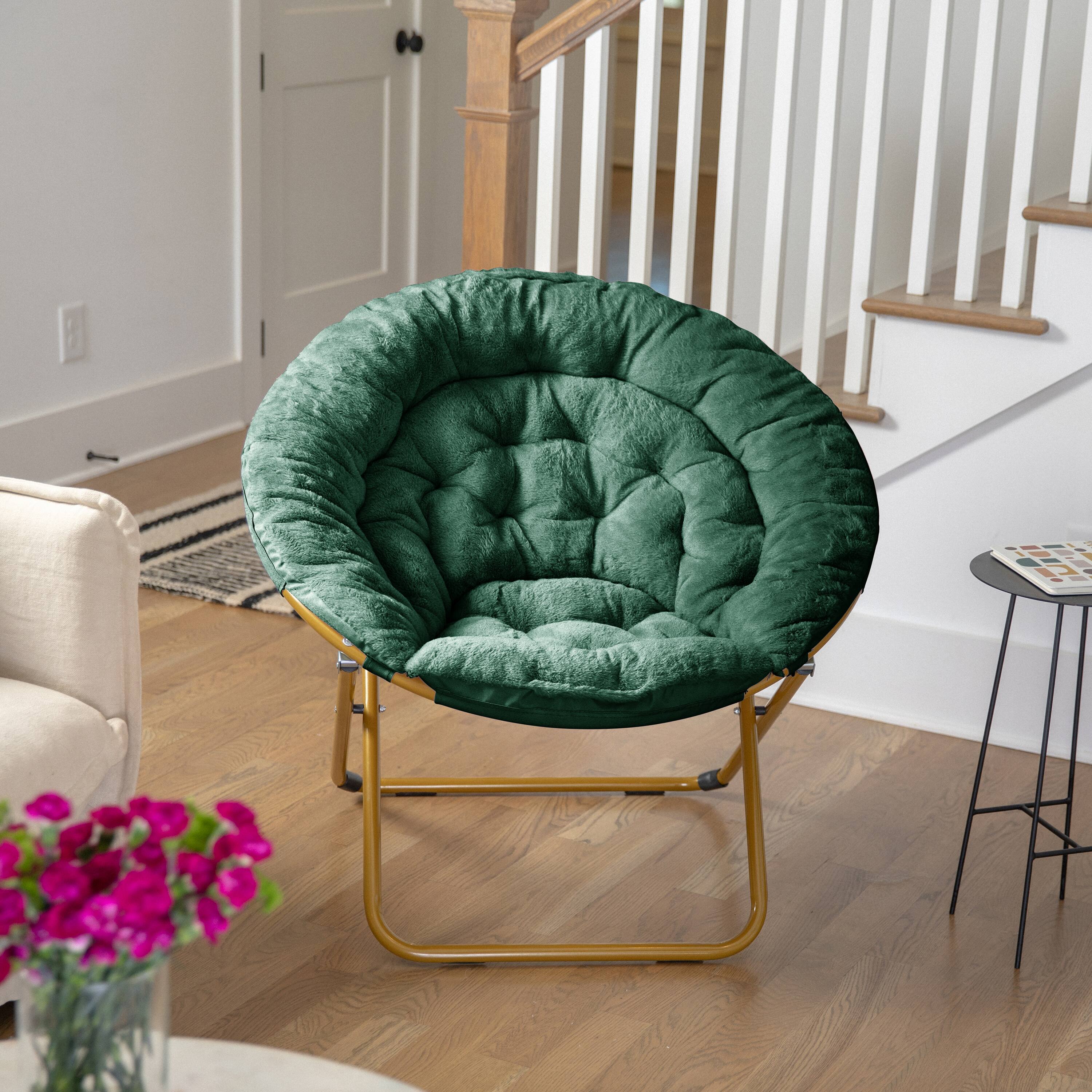 Alt View 1. Flash Furniture - Gwen 38" Oversize Portable Faux Fur Folding Saucer Moon Chair for Dorm and Bedroom, Emerald Faux Fur/Soft Gold Frame - Green.