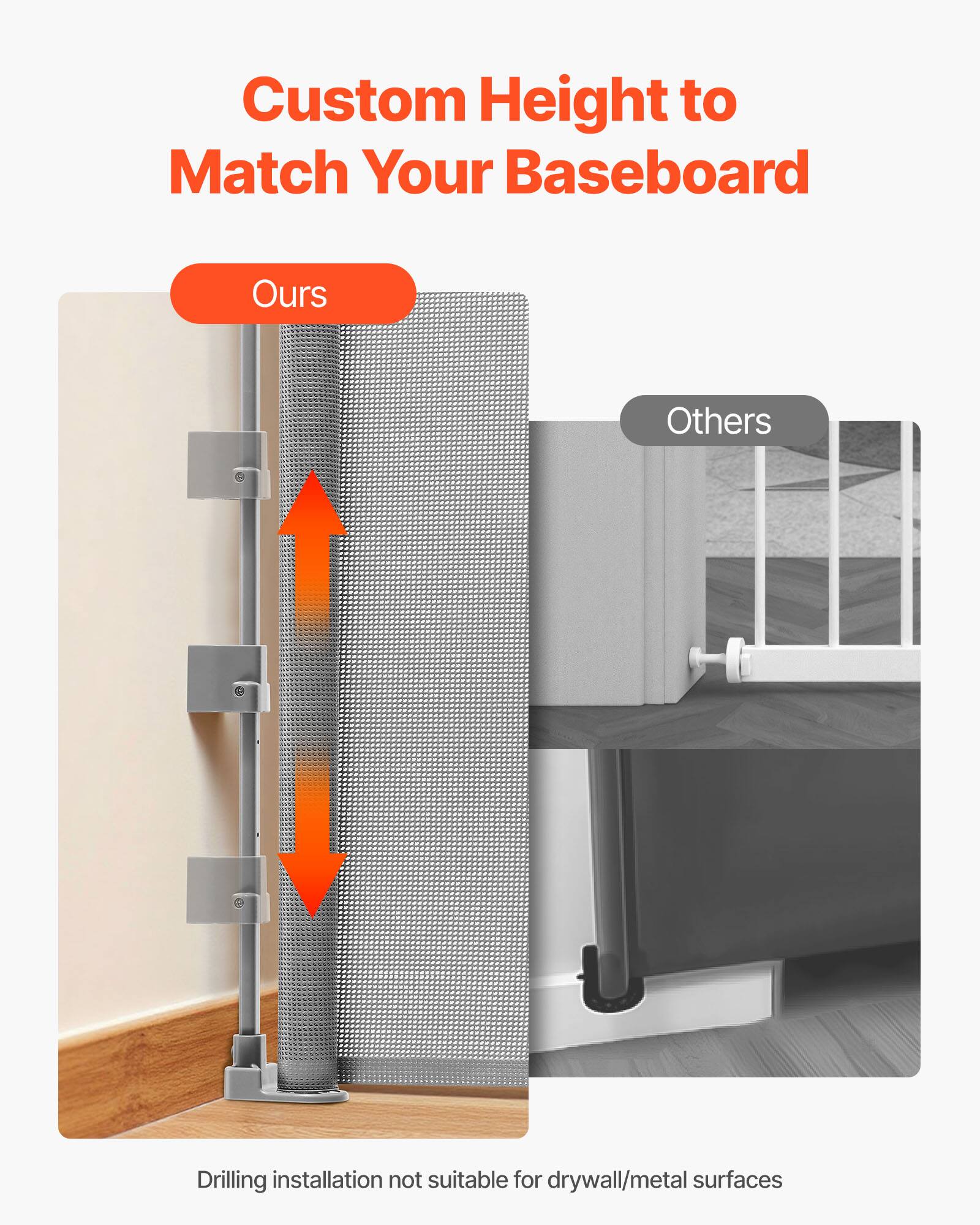 Custom Height to Match Your Baseboard

Ours

Others

Drilling installation not suitable for drywall/metal surfaces