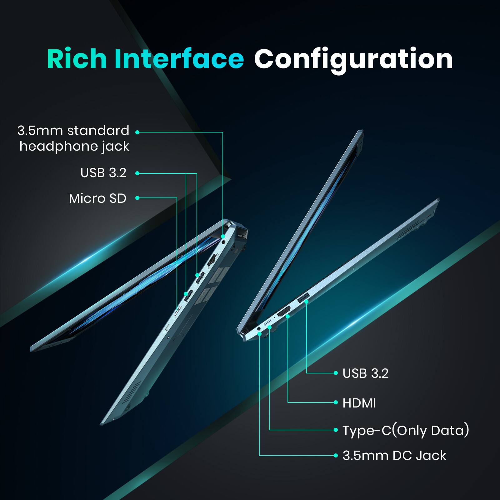 Rich Interface Configuration

- 3.5mm standard headphone jack
- USB 3.2
- Micro SD
- USB 3.2
- HDMI
- Type-C (Only Data)
- 3.5mm DC Jack