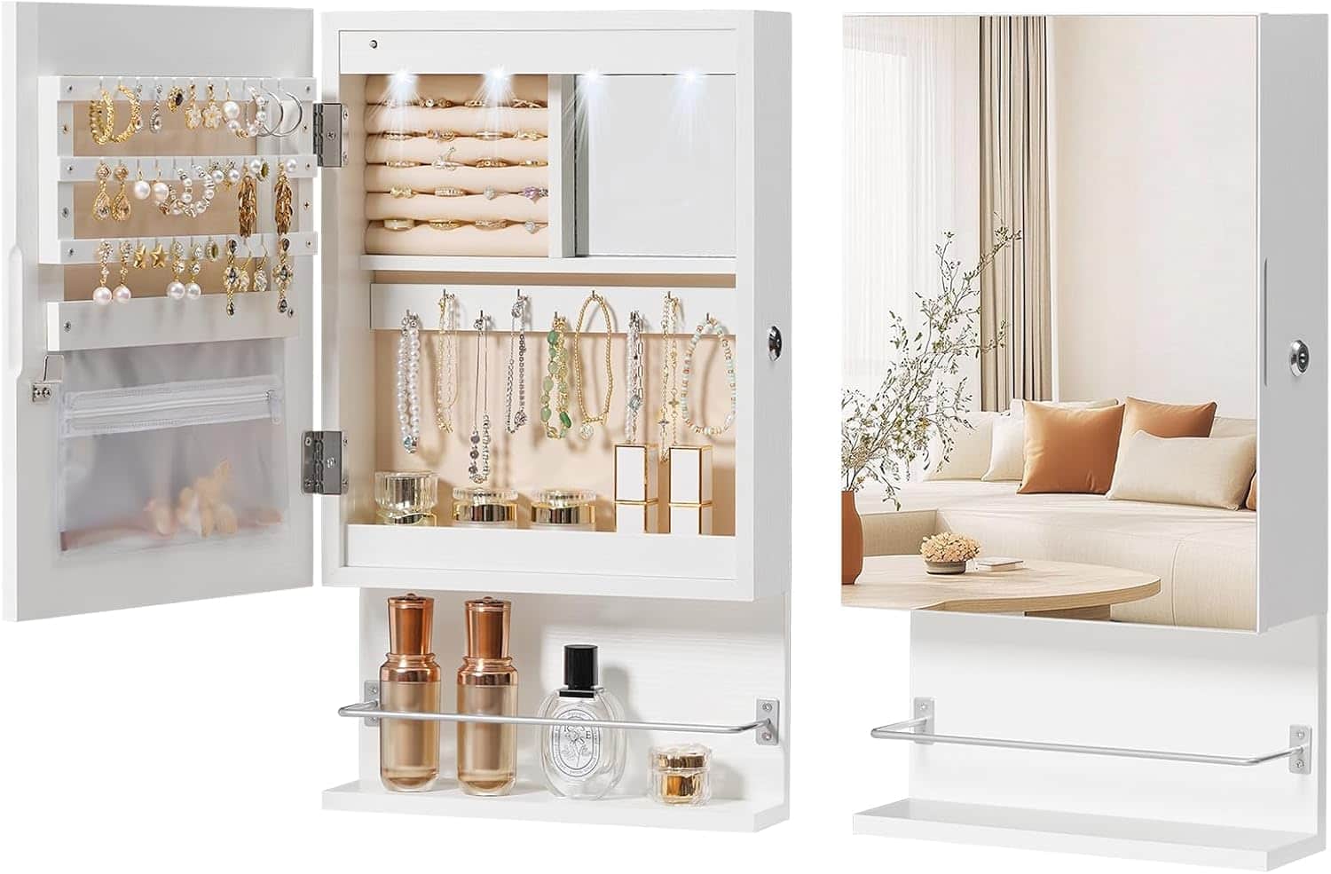 Stamp n Camp - HOOBRO Wall Mounted Jewelry Cabinet, LED Jewelry Armoire with Interior Mirror, Hanging Jewelry Organizer for Wall - White