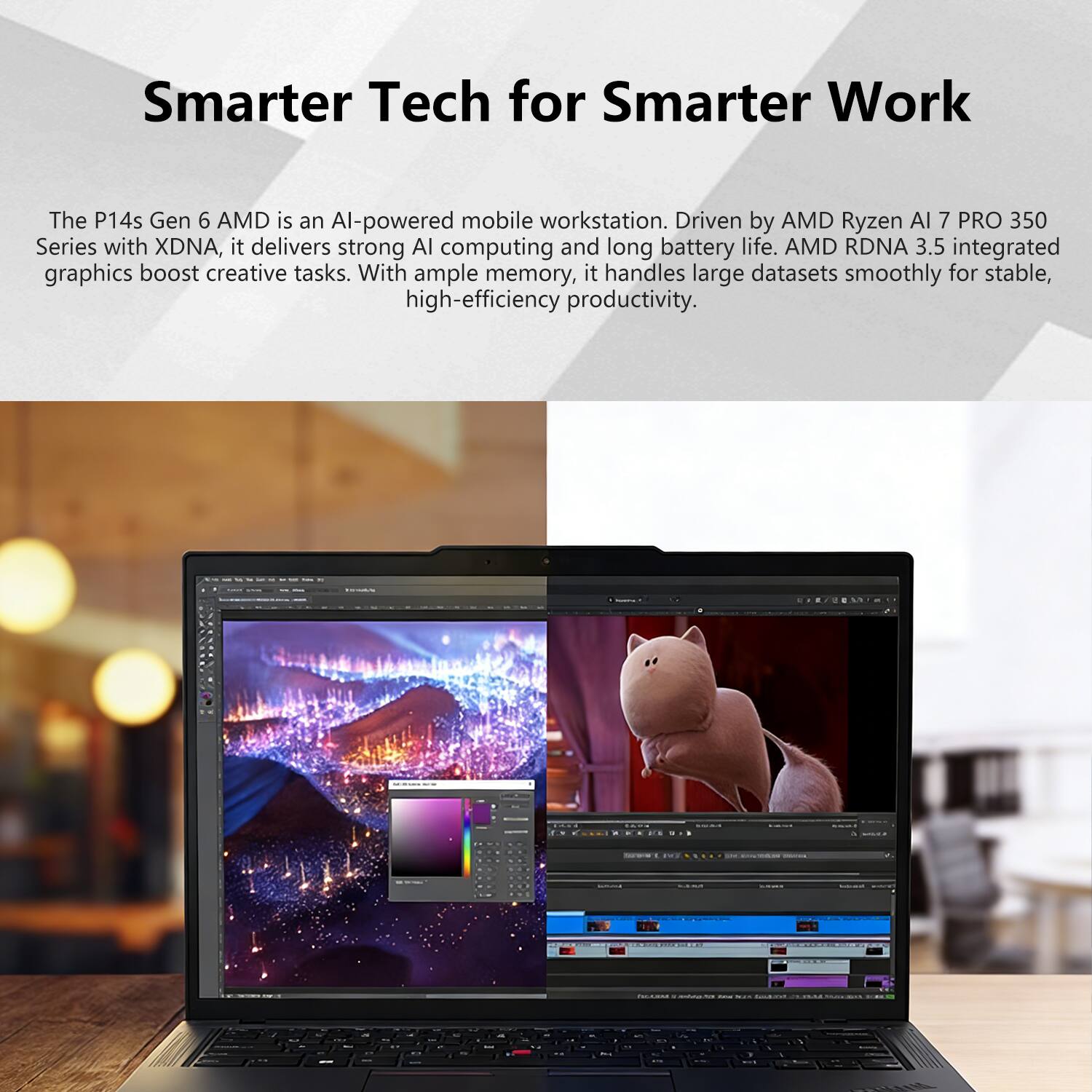 Smarter Tech for Smarter Work

The P14s Gen 6 AMD is an AI-powered mobile workstation. Driven by AMD Ryzen AI 7 PRO 350 Series with XDNA, it delivers strong AI computing and long battery life. AMD RDNA 3.5 integrated graphics boost creative tasks. With ample memory, it handles large datasets smoothly for stable, high-efficiency productivity.