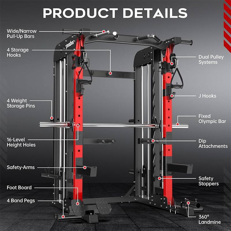 PRODUCT DETAILS  
- Wide/Narrow Pull-Up Bars  
- 4 Storage Hooks  
- Dual Pulley Systems  
- 4 Weight Storage Pins  
- J Hooks  
- Fixed Olympic Bar  
- 16-Level Height Holes  
- Dip Attachments  
- Safety-Arms  
- Foot Board  
- 4 Band Pegs  
- Safety Stoppers  
- 360° Landmine