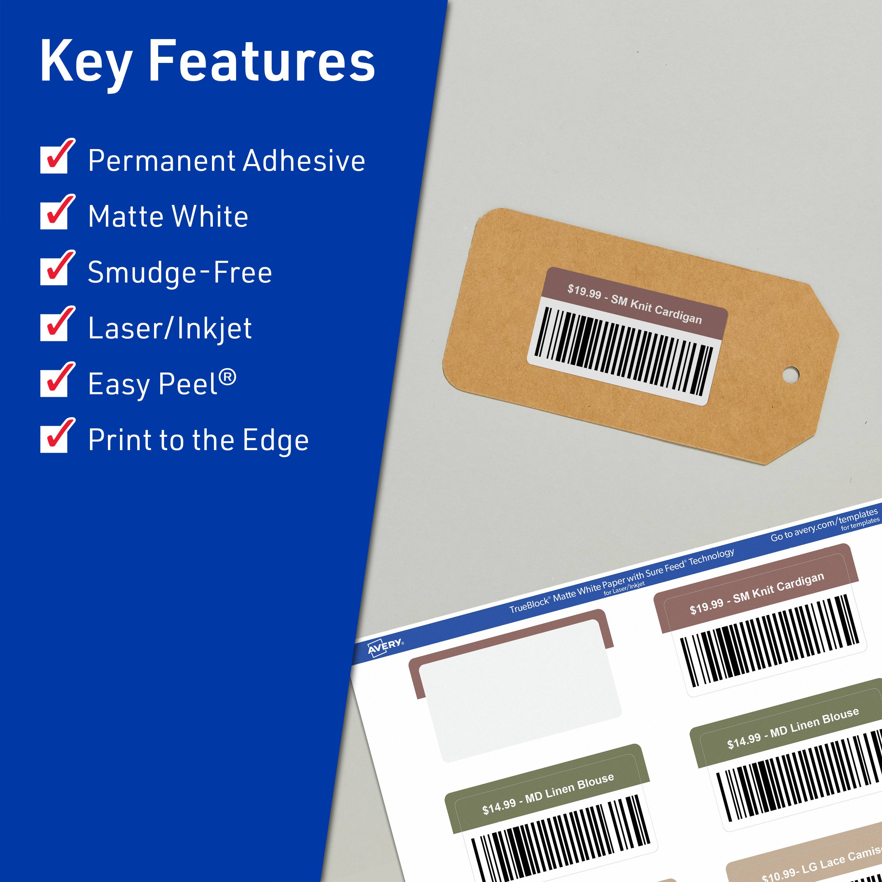 Key Features  
- Permanent Adhesive  
- Matte White  
- Smudge-Free  
- Laser/Inkjet  
- Easy Peel®  
- Print to the Edge  

$19.99 - SM Knit Cardigan  
$14.99 - MD Linen Blouse  
$10.99 - LG Lace Camis