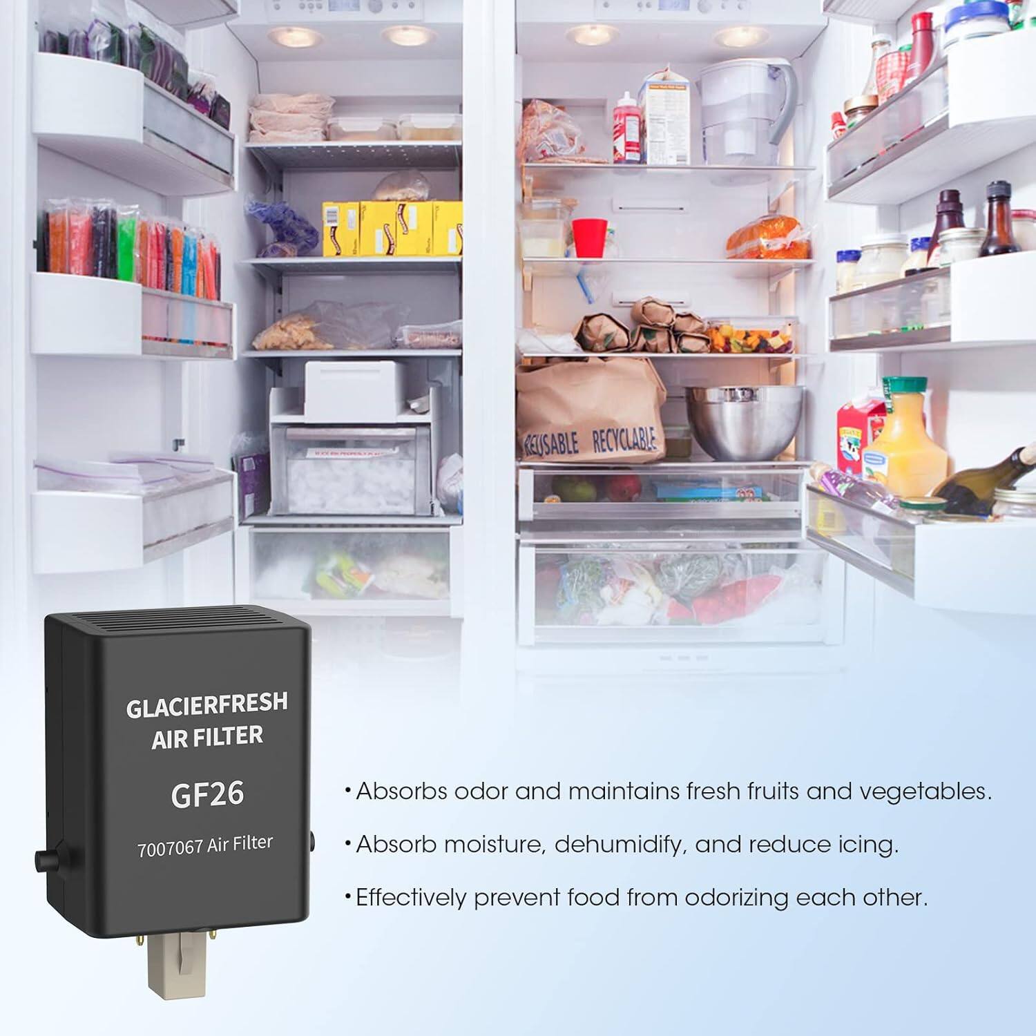 **GLACIERFRESH AIR FILTER**  
GF26  
7007067 Air Filter  

- Absorbs odor and maintains fresh fruits and vegetables.  
- Absorb moisture, dehumidify, and reduce icing.  
- Effectively prevent food from odorizing each other.  

**REUSABLE RECYCLABLE**