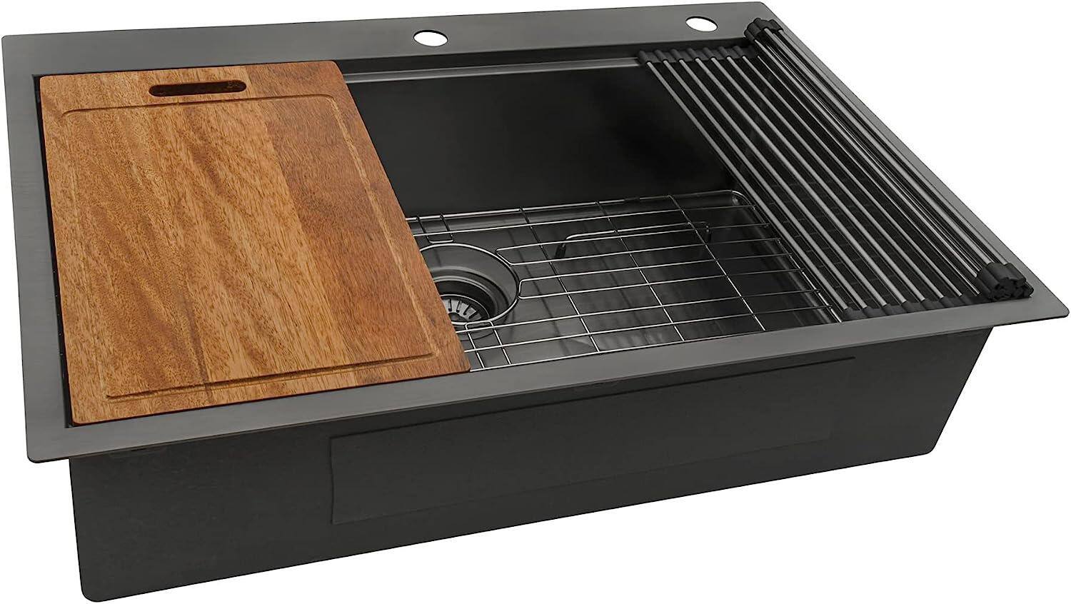 Alt View 3. APRILSOUL - 36 Inch Gunmetal Black Drop In Workstation Kitchen Sink 36x22 16 Gauge Topmount Single Bowl Stainless Steel - Black.