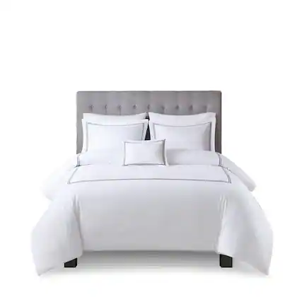 Front. Gracie Mills - Gracie Mills Mooney 500 Thread Count Embroidered Cotton Sateen Duvet Cover Set - White/Navy.