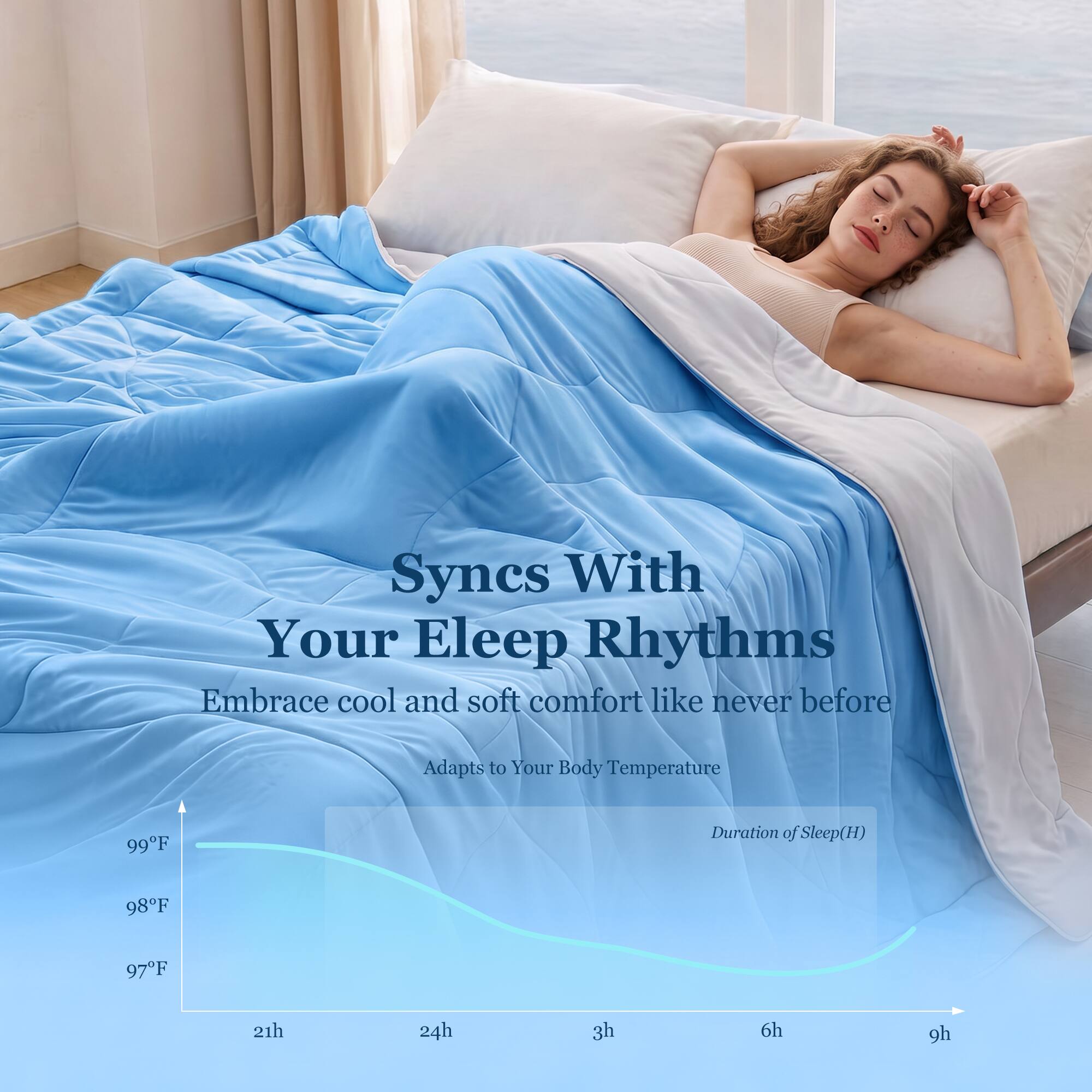 Syncs With Your Sleep Rhythms  
Embrace cool and soft comfort like never before  
Adapts to Your Body Temperature  

99°F  
98°F  
97°F  

Duration of Sleep (H)  
21h  
24h  
3h  
6h  
9h
