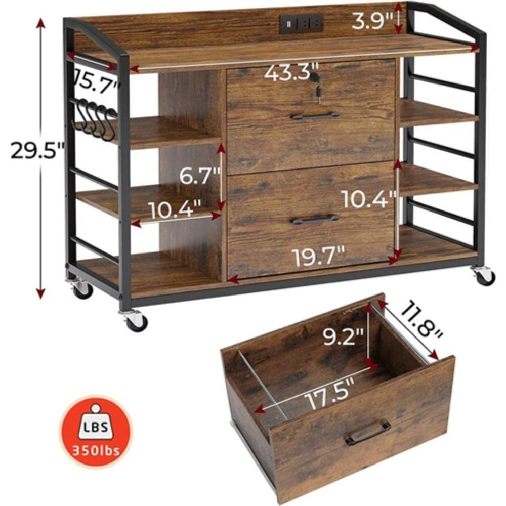 - Height: 29.5"
- Width: 43.3"
- Depth: 19.7"
- Drawer 1: 17.5" x 11.8" x 9.2"
- Shelf 1: 10.4"
- Shelf 2: 6.7"
- Shelf 3: 10.4"
- Overall Height: 5.7"
- Weight Capacity: 350 lbs