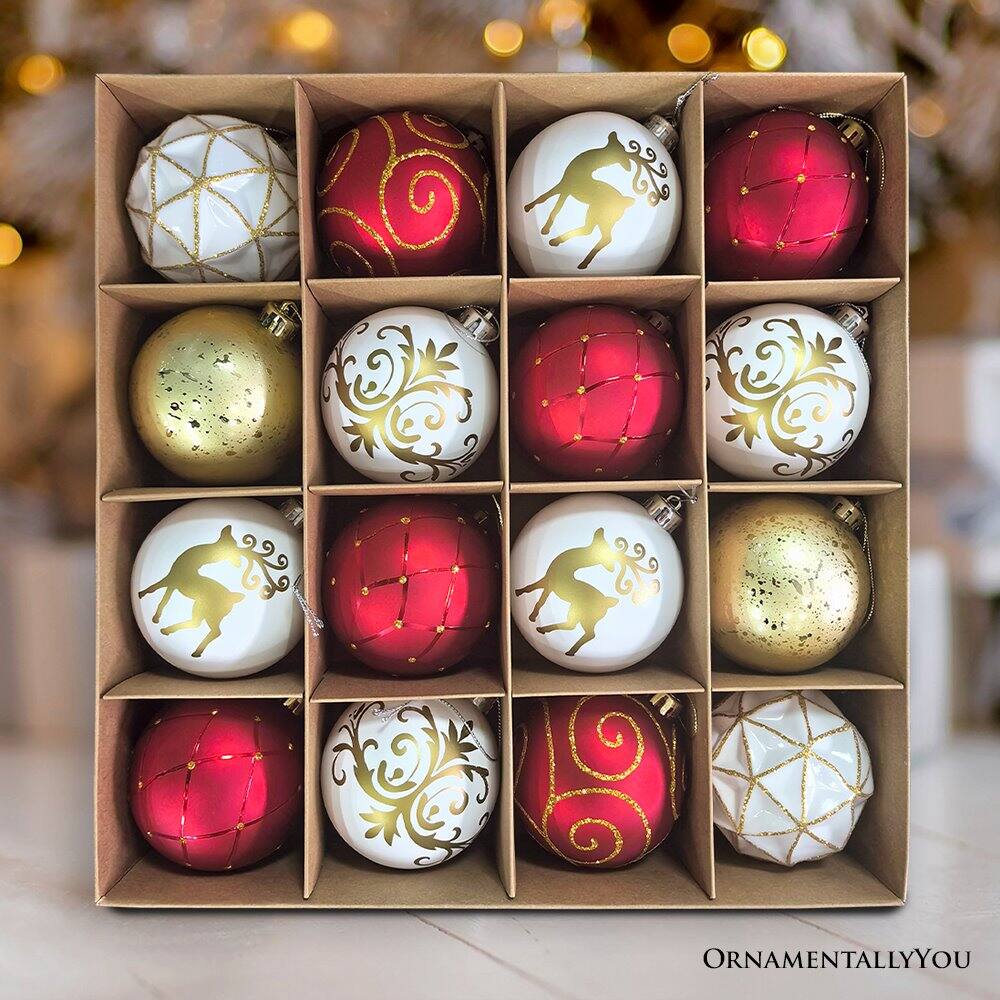 Alt View 1. OrnamentallyYou - Charming Elegance Ornament Bundle 16 Piece Set Red White and Gold with Glitter Premium Shatterproof - Multi-colored.