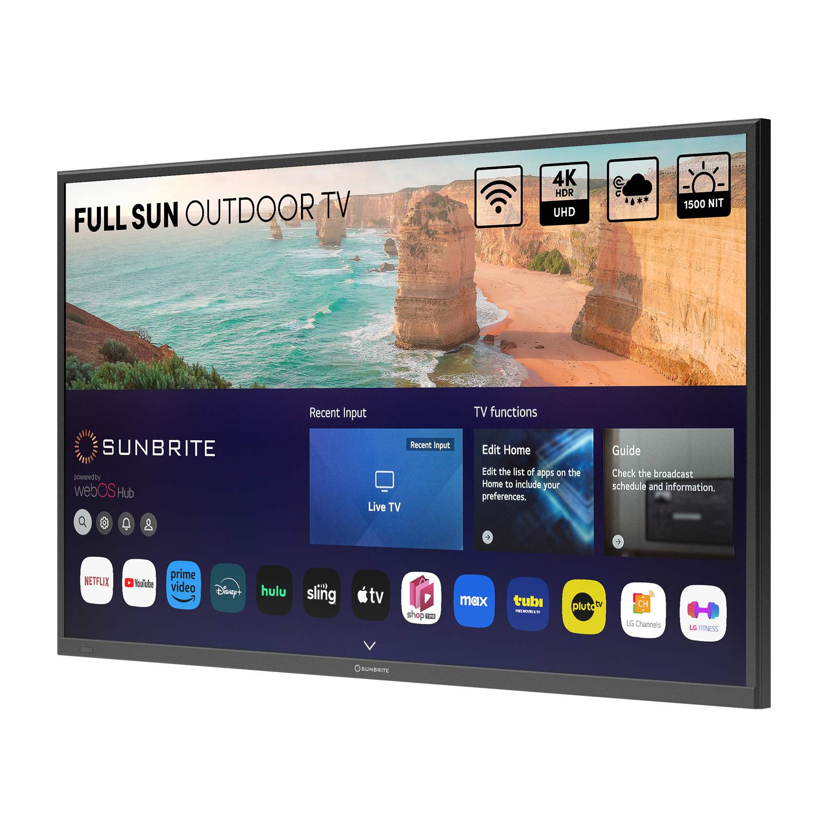 Full Sun Outdoor TV 4K HDR UHD 1500 NIT Recent Input TV functions SUNBRITE powered by webOS 3.0 & Recent input Live TV Edit Home to include your preferences. + Guide Check the broadcast schedule and information, Netflix, Amazon Prime Video, Sling TV, Shape, Max, Tubi, Pluto TV, and more.