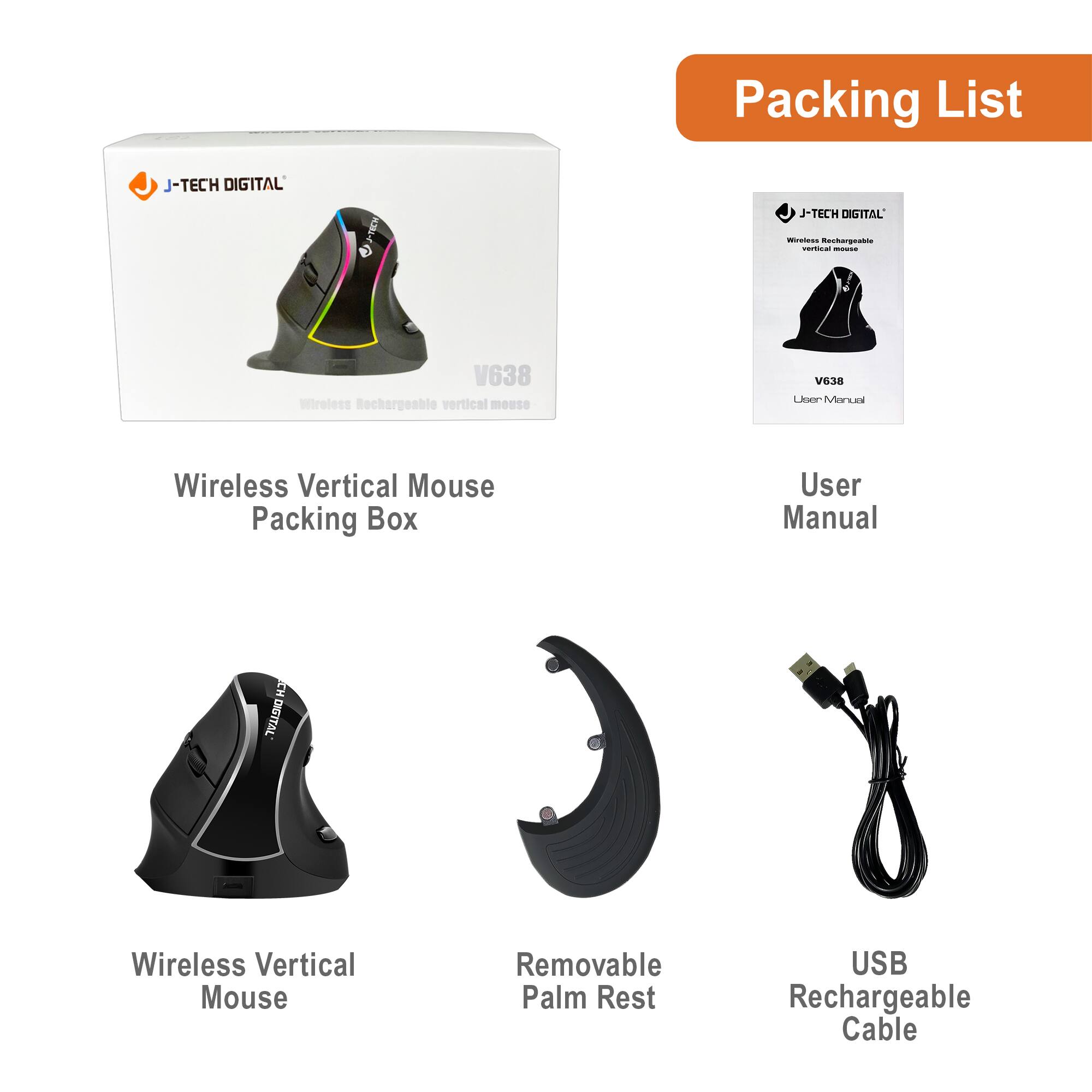 Packing List

- Wireless Vertical Mouse Packing Box
- Wireless Vertical Mouse
- Removable Palm Rest
- USB Rechargeable Cable
- User Manual