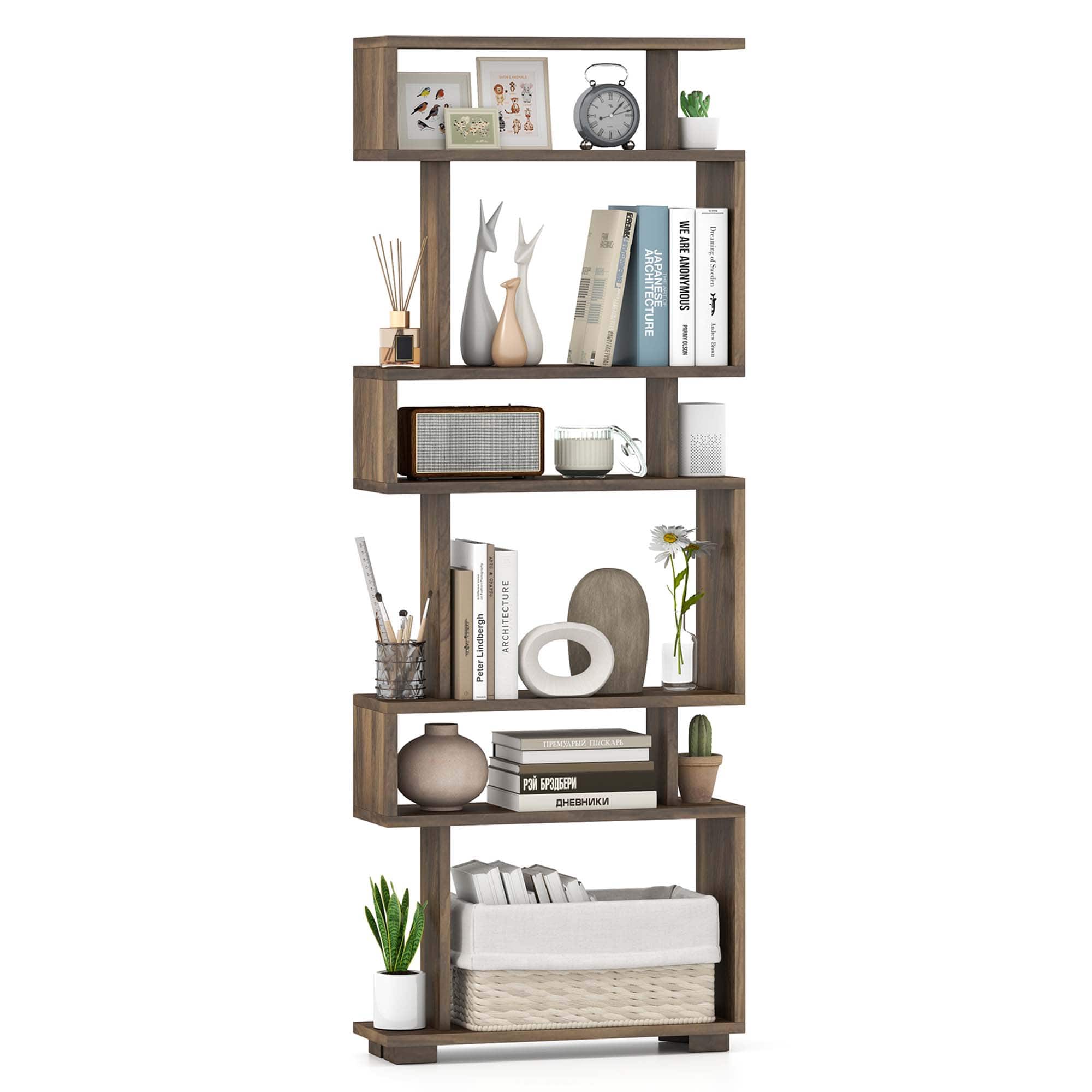 Costway - 1 PCS Bookcase 6-Tier Bookshelf with Anti-Tipping Kit Freestanding Display Shelf Brown - Walnut