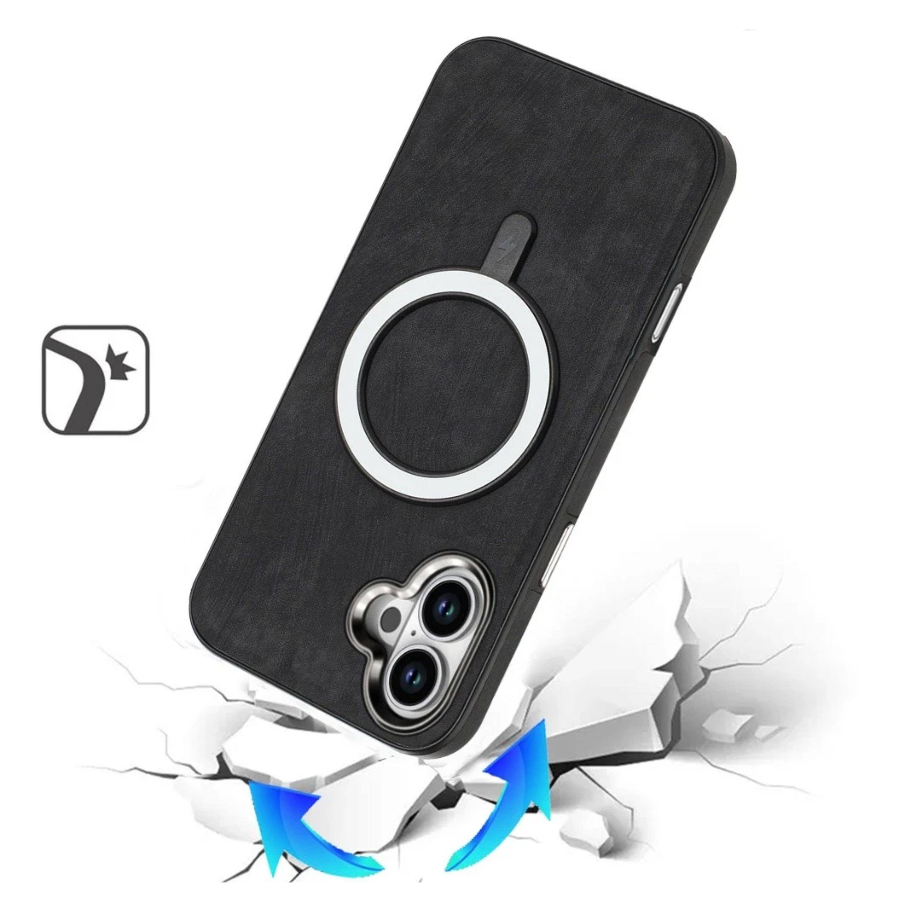 Left. Kitcheniva - Soft Vegan Leather Magnetic Circle Phone Case With Tempered Glass For iPhone 17 - Black.