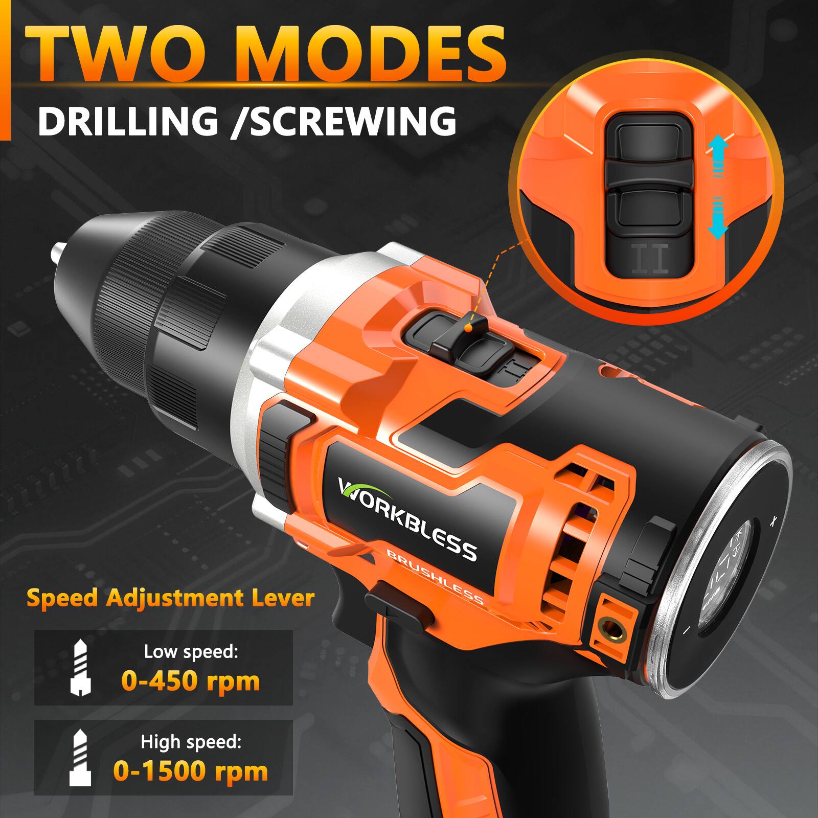 TWO MODES  
DRILLING / SCREWING  

WORKLESS  
BRUSHLESS  

Speed Adjustment Lever  
Low speed: 0-450 rpm  
High speed: 0-1500 rpm