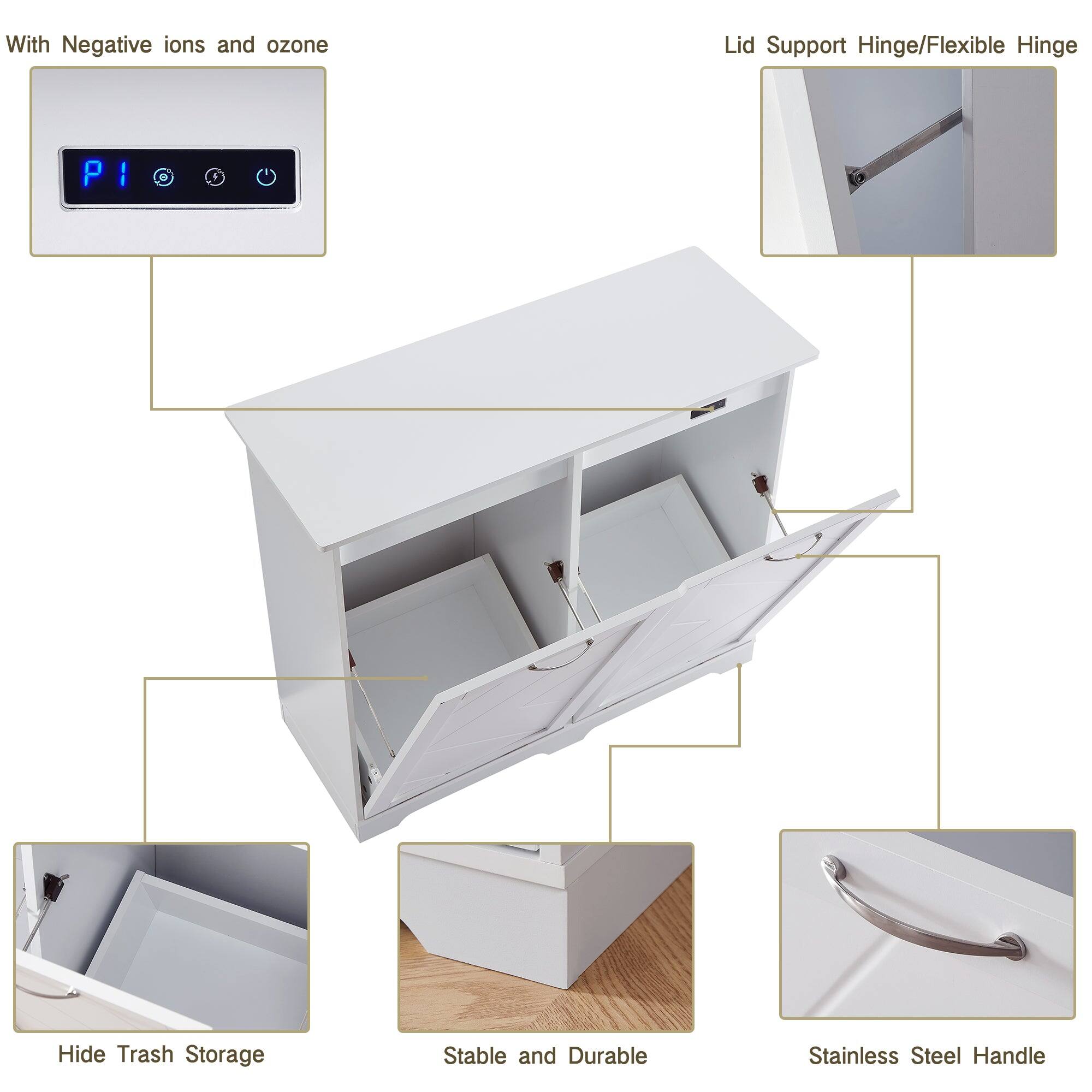 - With Negative ions and ozone
- Lid Support Hinge/Flexible Hinge
- Hide Trash Storage
- Stable and Durable
- Stainless Steel Handle