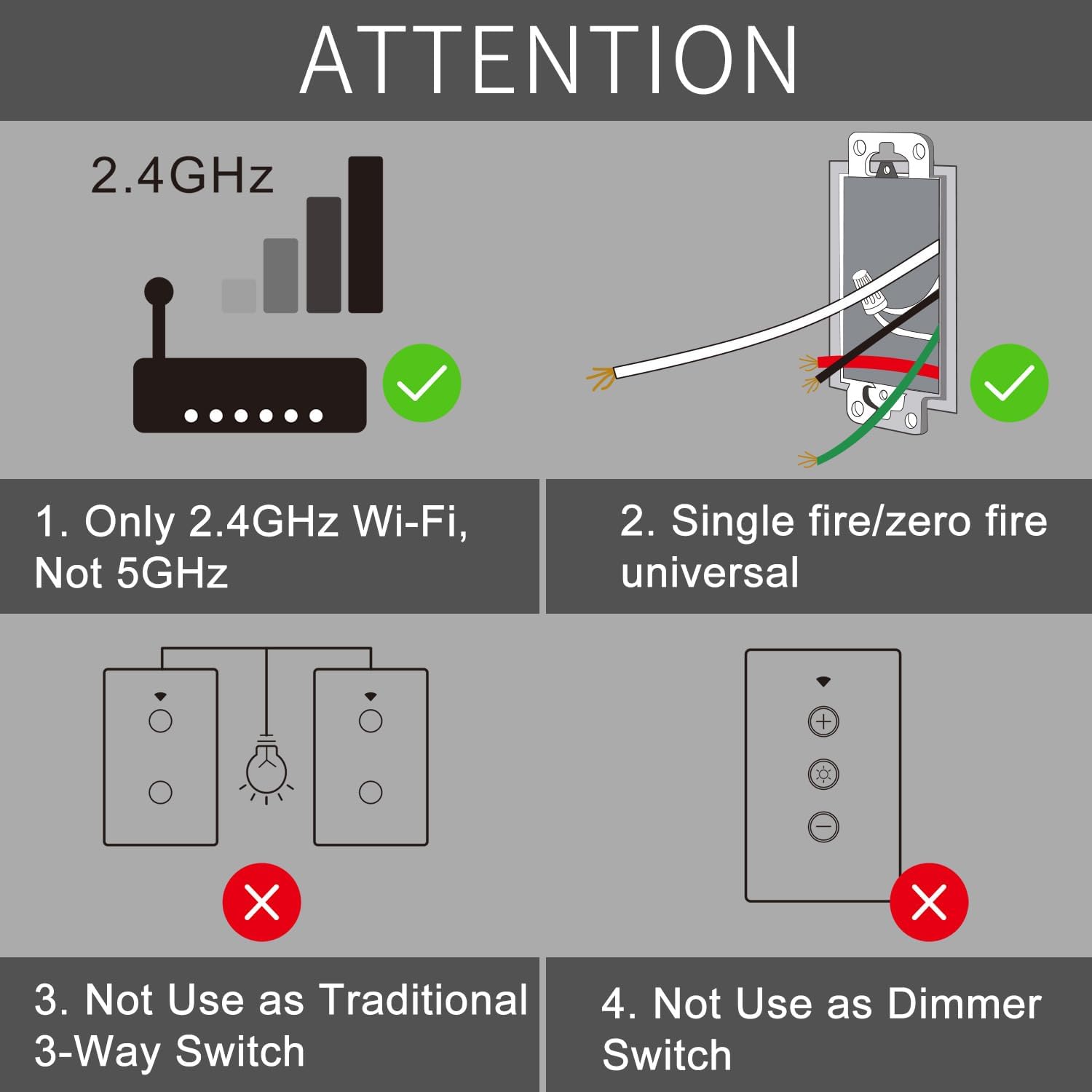 **ATTENTION**

1. Only 2.4GHz Wi-Fi, Not 5GHz
2. Single fire/zero fire universal
3. Not Use as Traditional 3-Way Switch
4. Not Use as Dimmer Switch