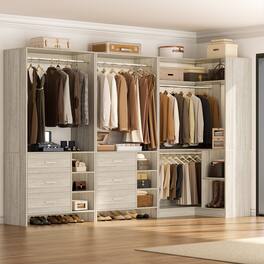 Aheaplus - 61'' - 92.6'' W L-Shaped Closet System - Corner Wardrobe System with 6 Drawers, 4 Hanging Rods, and Shelves - Beige Oak