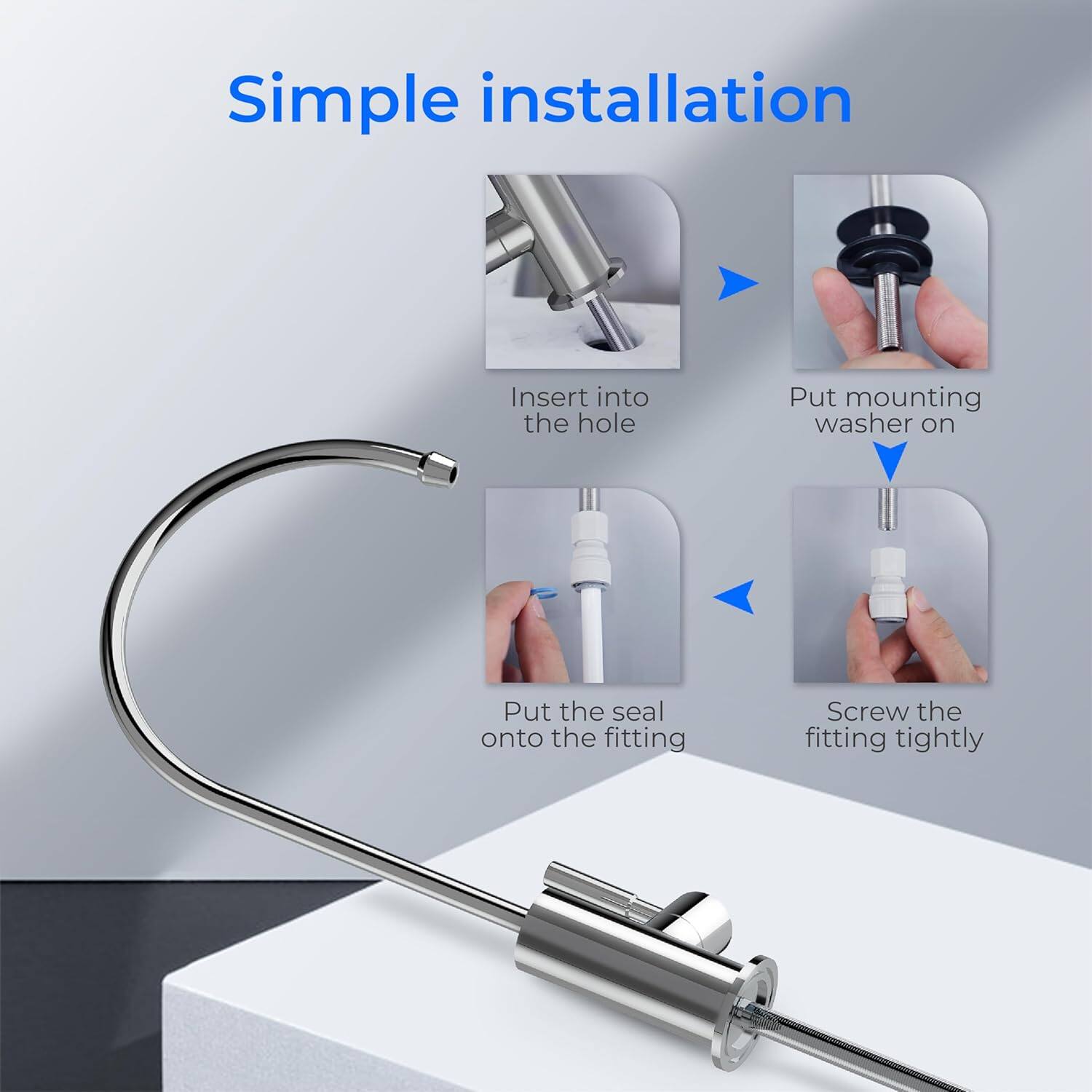 Simple installation

1. Insert into the hole
2. Put mounting washer on
3. Put the seal onto the fitting
4. Screw the fitting tightly