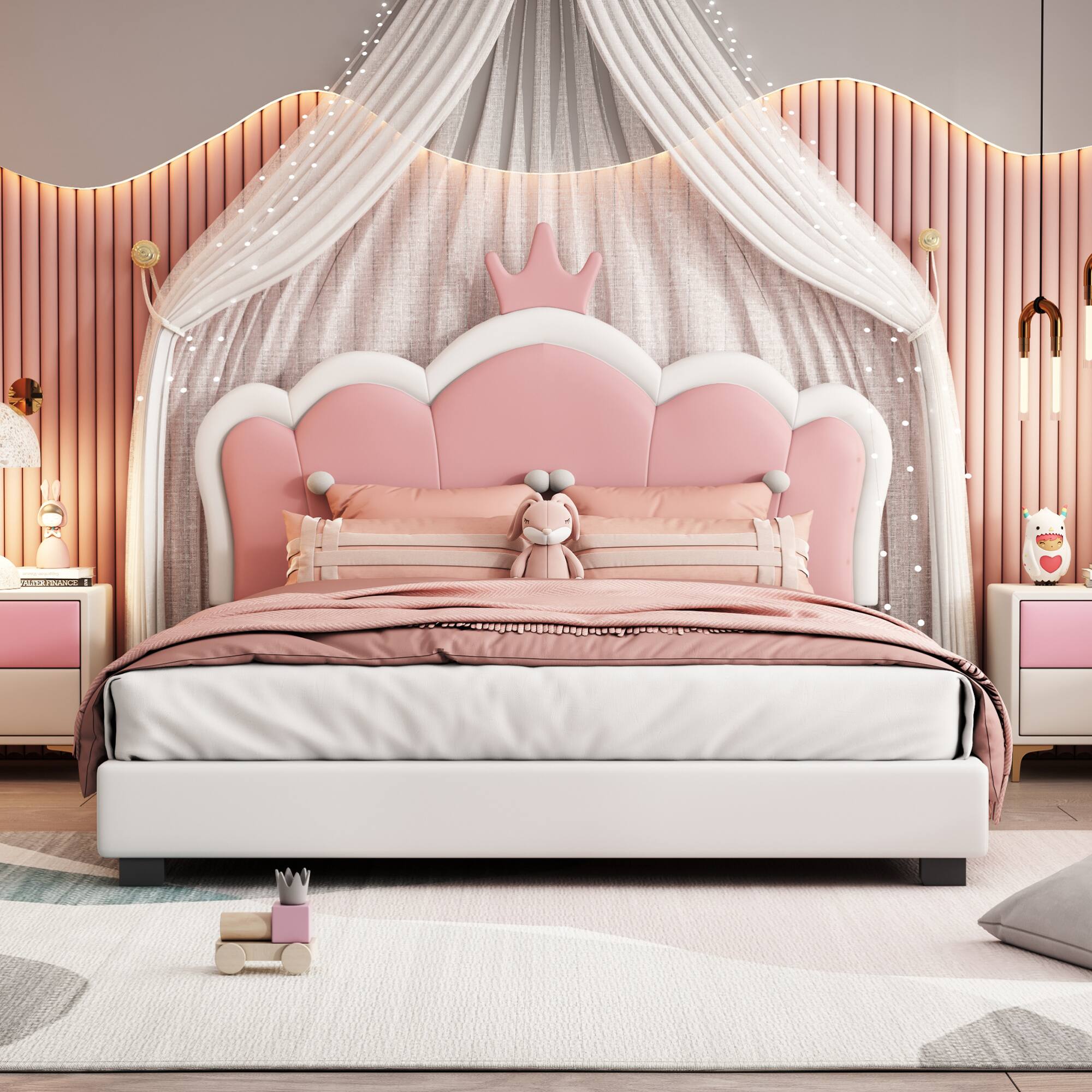 Angle. GOODSILO - Full Size Upholstered Princess Bed with Crown Headboard and Footboard Platform Bed Frame - Cream.