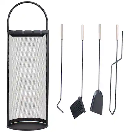 Front. Sunnydaze - 4-Piece Fireplace Tool Set with Mesh Shroud Holder - Black.