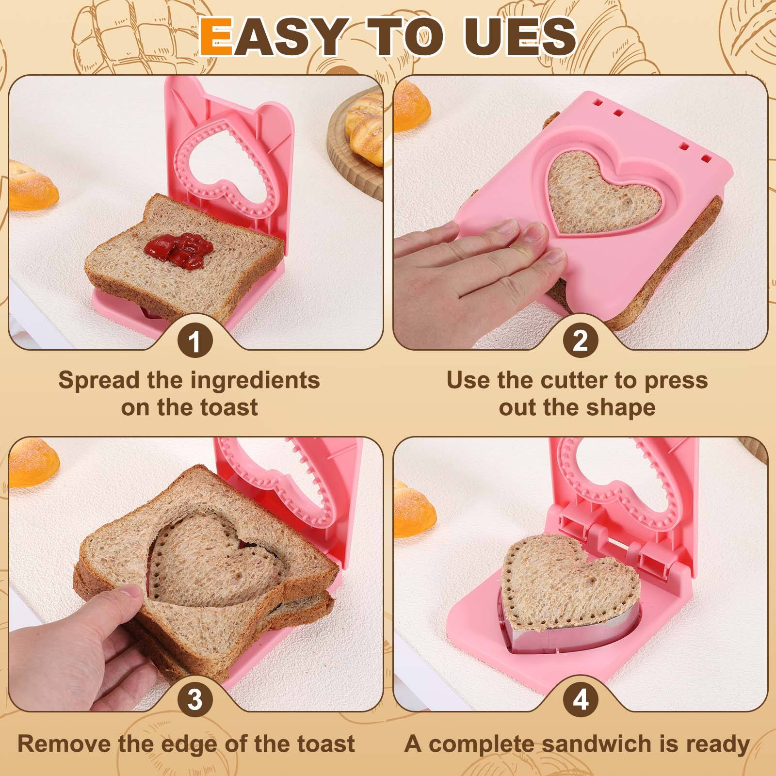 EASY TO USE

1. Spread the ingredients on the toast
2. Use the cutter to press out the shape
3. Remove the edge of the toast
4. A complete sandwich is ready