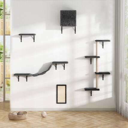Front. TinyHomie - 5 Pcs Multi-Level Wall-Mounted Indoor Cat Tree Furniture with Scratching Board Condo Perches Bridge for Indoor Cats Gray - Gray.
